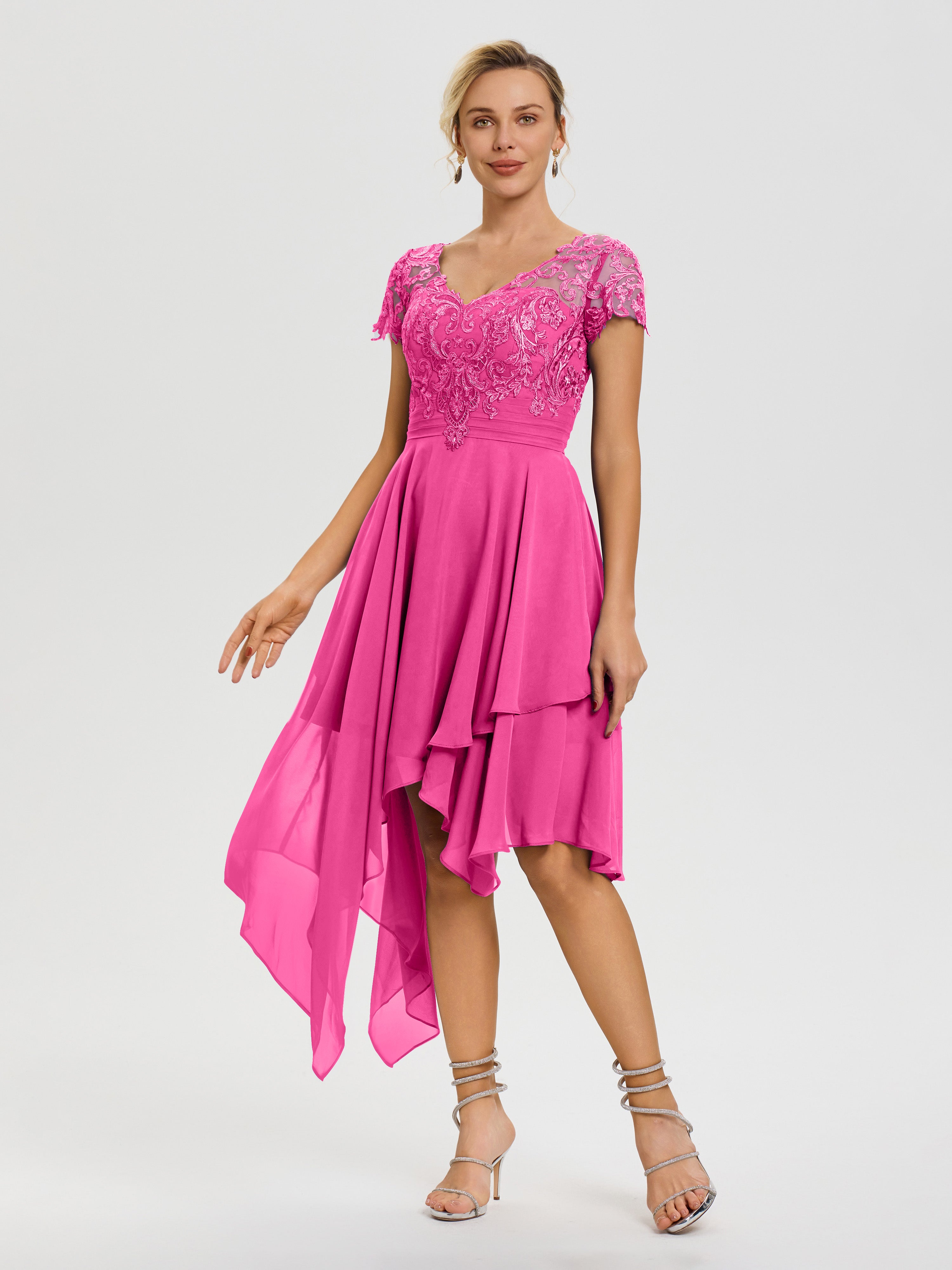 Robe De La Mère De La Mariée Azalée Col V Mousseline&Dentelle Asymétrique Robe Mère De La Mariée