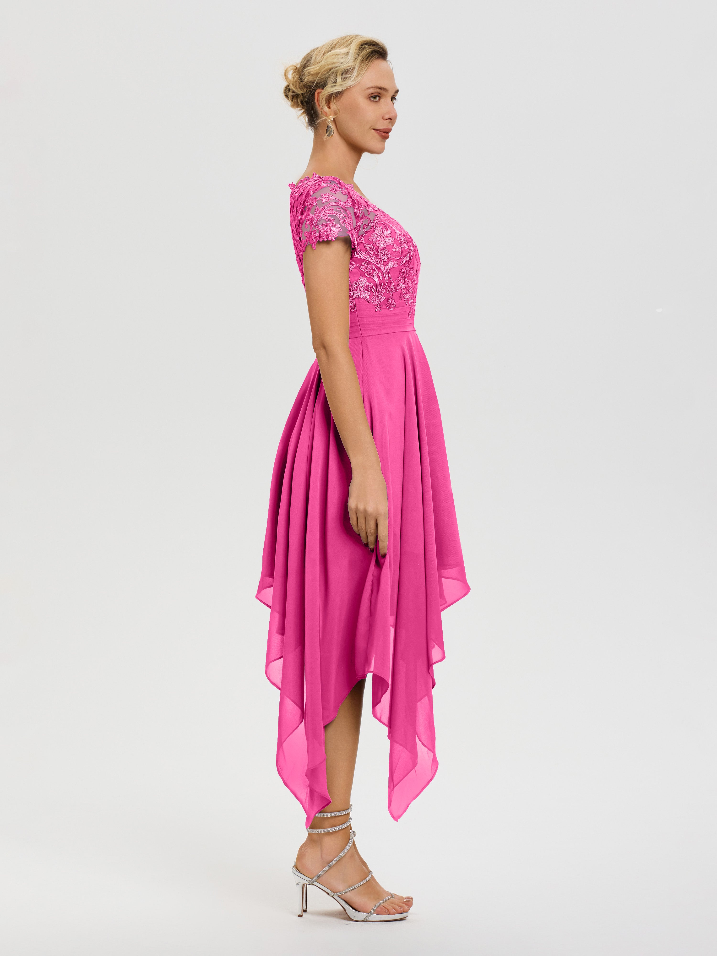 Robe De La Mère De La Mariée Azalée Col V Mousseline&Dentelle Asymétrique Robe Mère De La Mariée