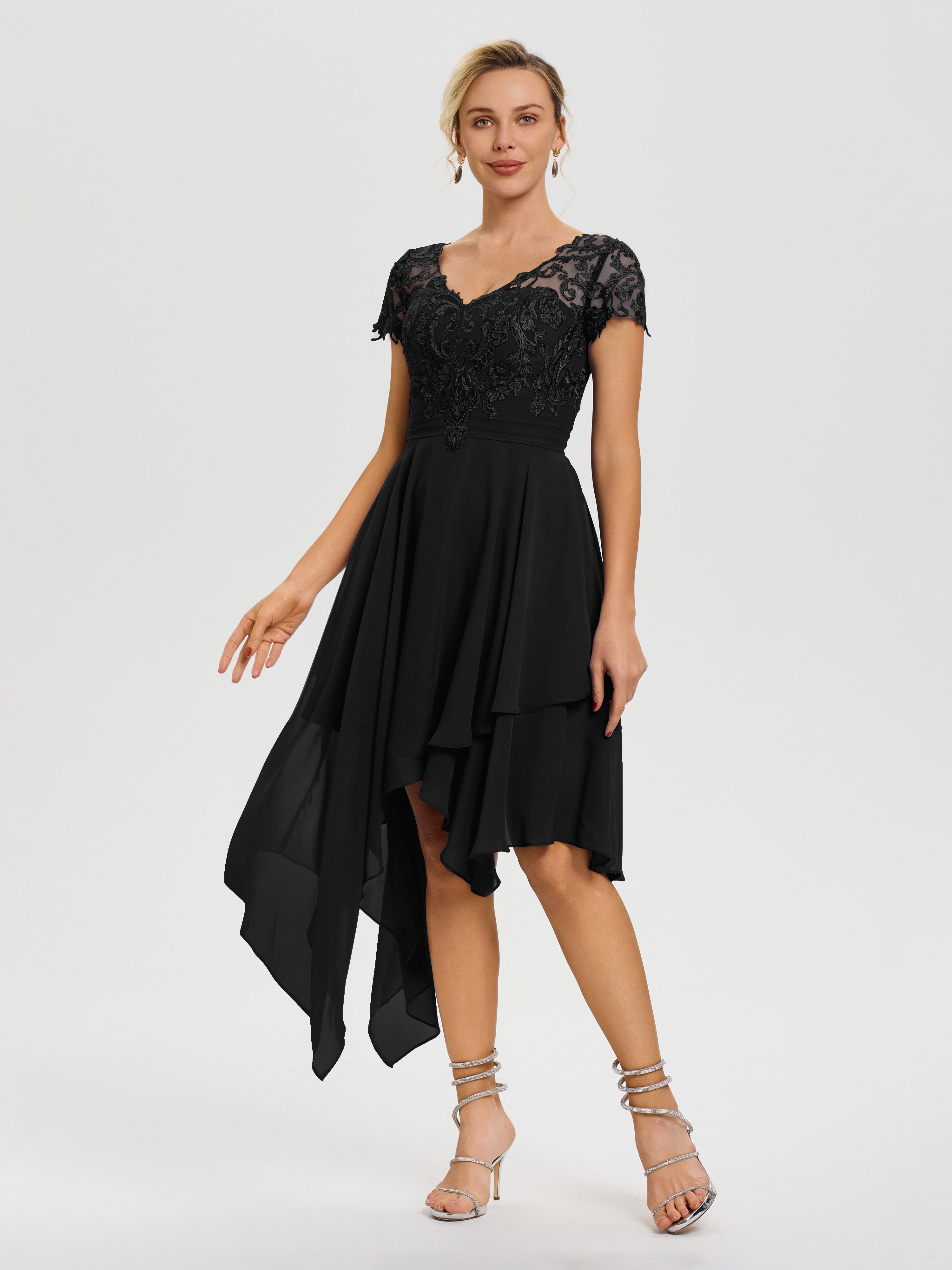 Robe Pour La Mère Du Marié Noir Col V Mousseline&Dentelle Asymétrique Robe Mère De La Mariée