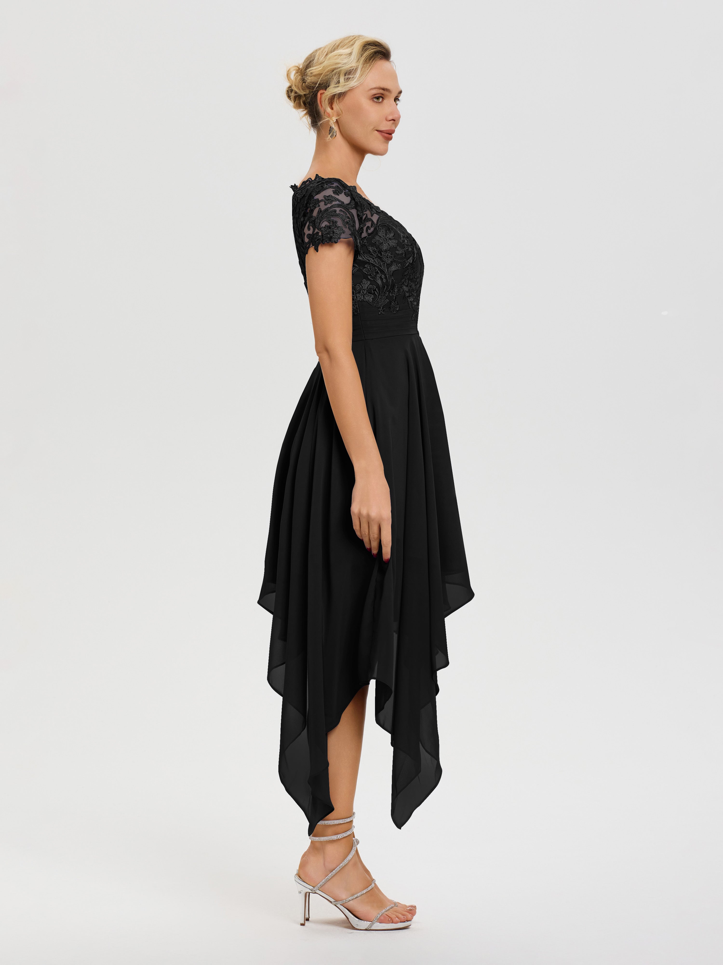 Robe Pour La Mère Du Marié Noir Col V Mousseline&Dentelle Asymétrique Robe Mère De La Mariée