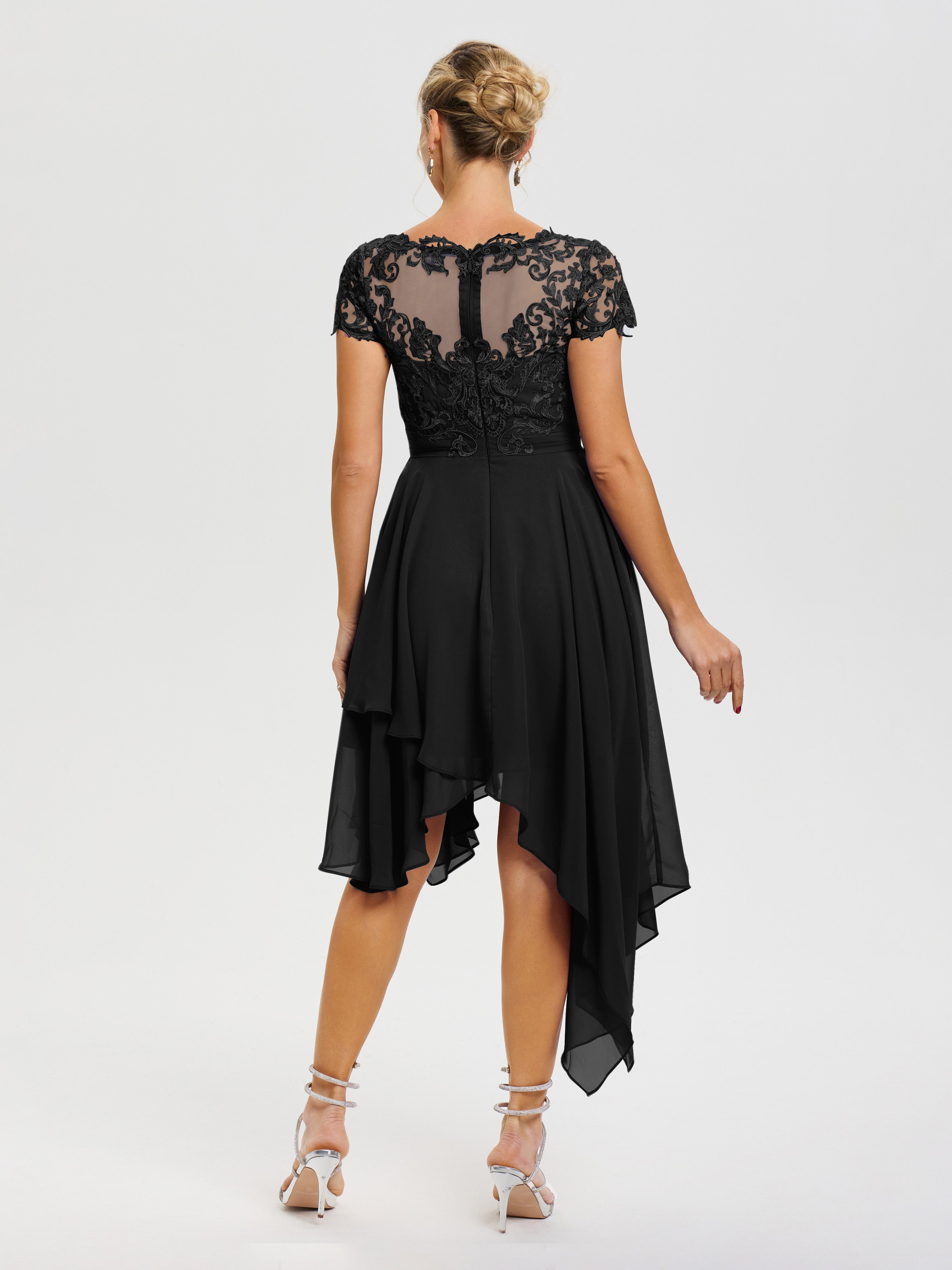 Robe Pour La Mère Du Marié Noir Col V Mousseline&Dentelle Asymétrique Robe Mère De La Mariée