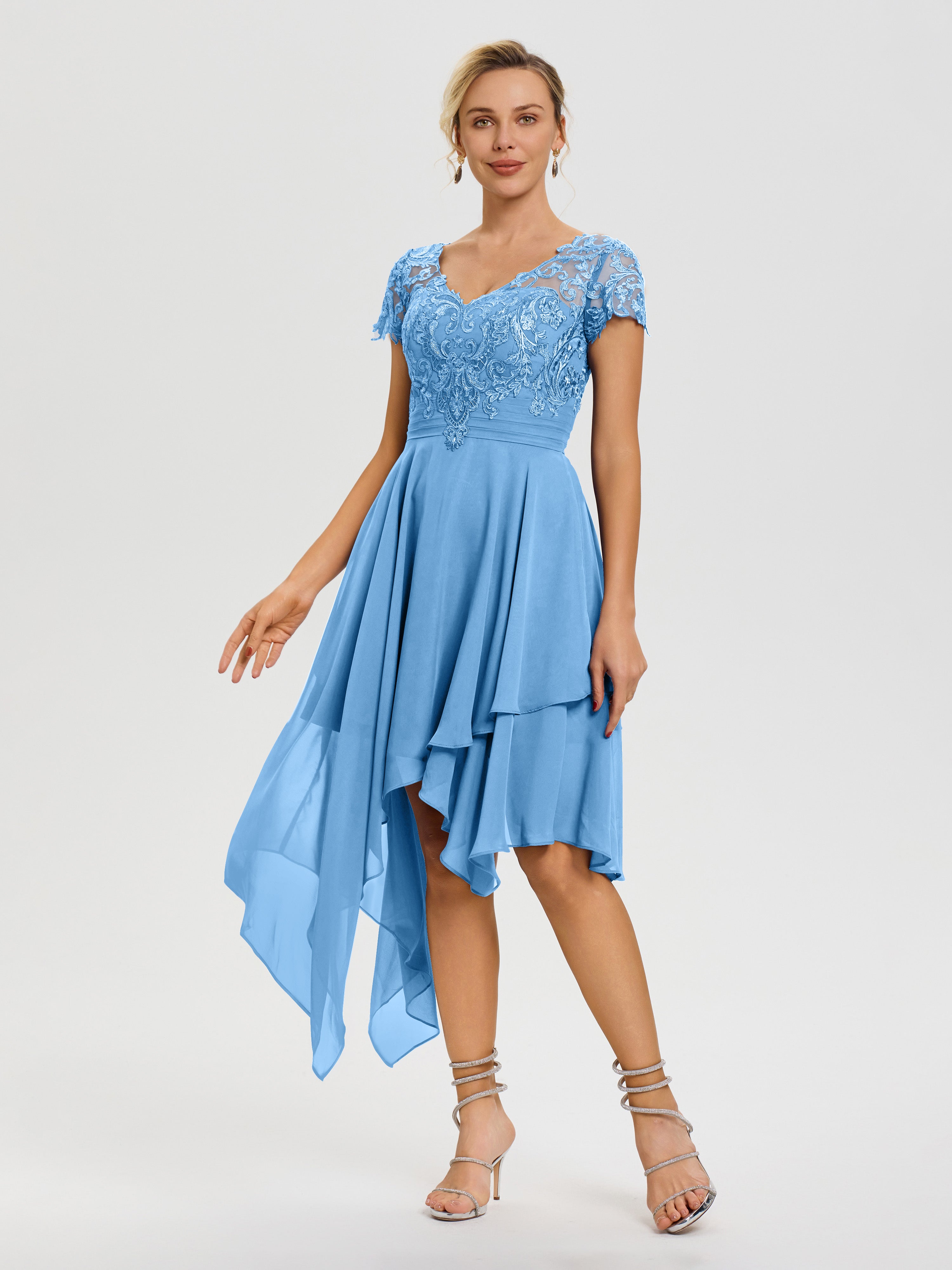 Robe Mère De Mariée Bleu Col V Mousseline&Dentelle Asymétrique Robe Mère De La Mariée