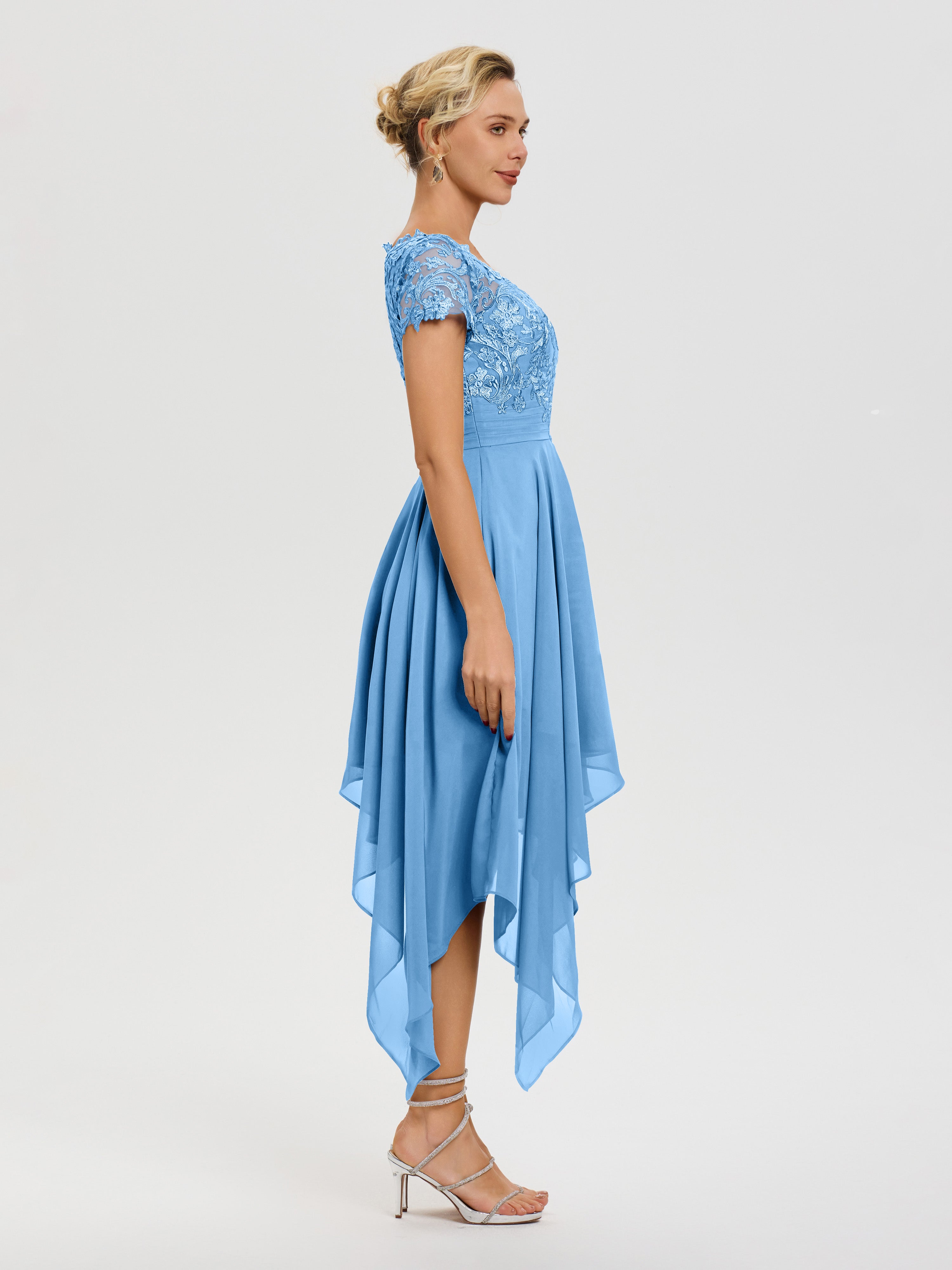 Robe Mère De Mariée Bleu Col V Mousseline&Dentelle Asymétrique Robe Mère De La Mariée