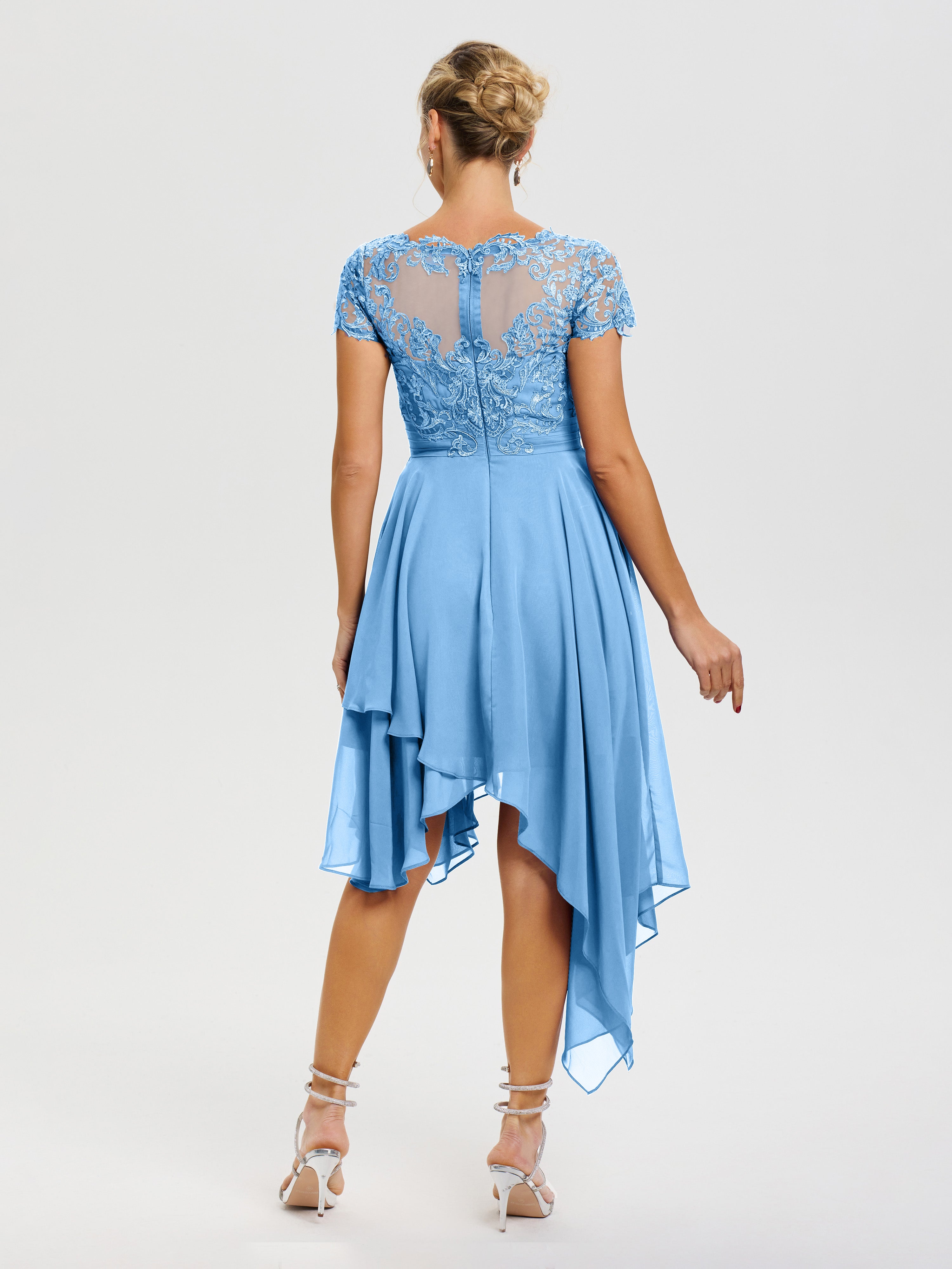Robe Mère De Mariée Bleu Col V Mousseline&Dentelle Asymétrique Robe Mère De La Mariée
