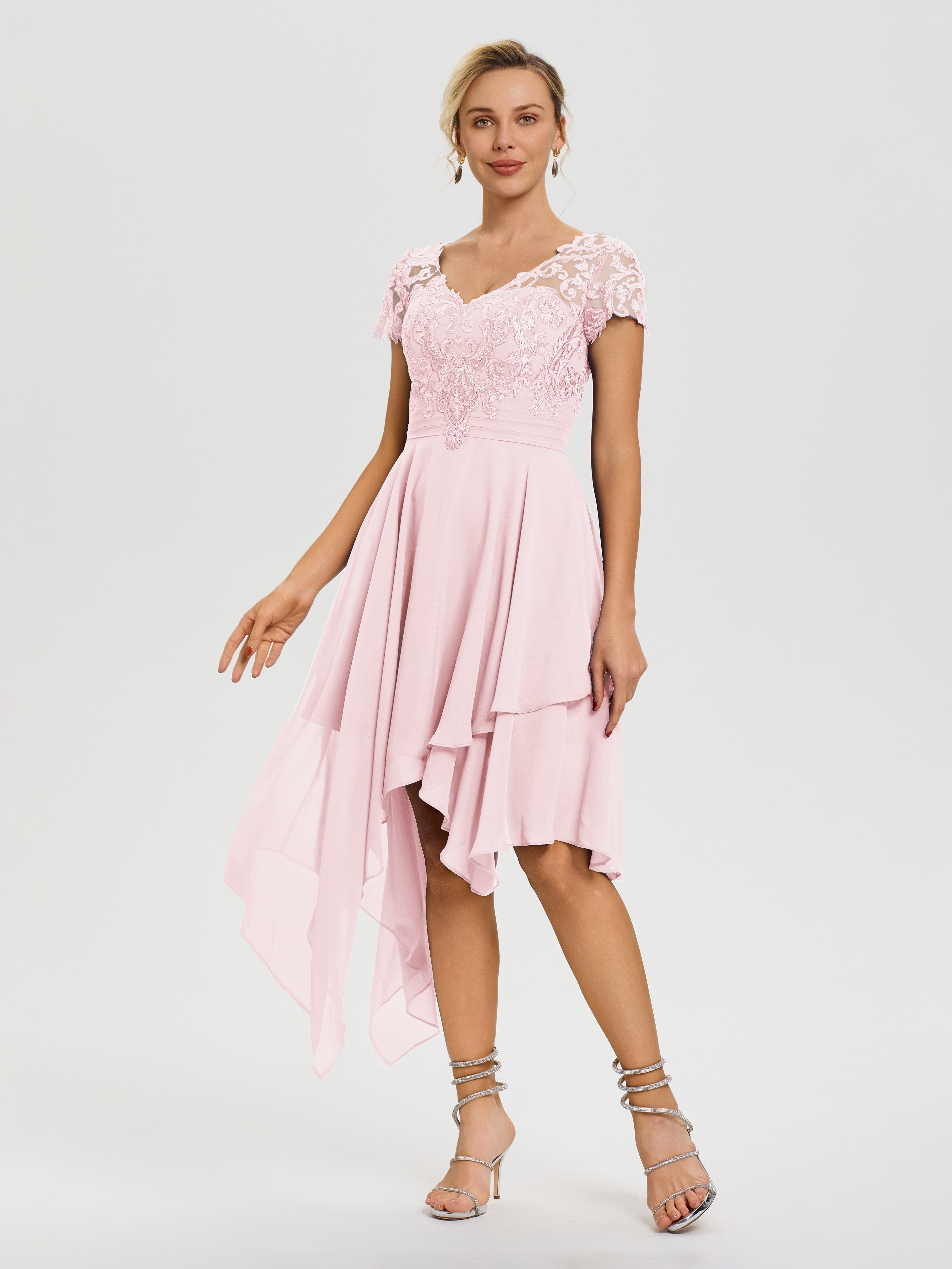 Robe De Mère De La Mariée Rose Pâle Col V Mousseline&Dentelle Asymétrique Robe Mère De La Mariée