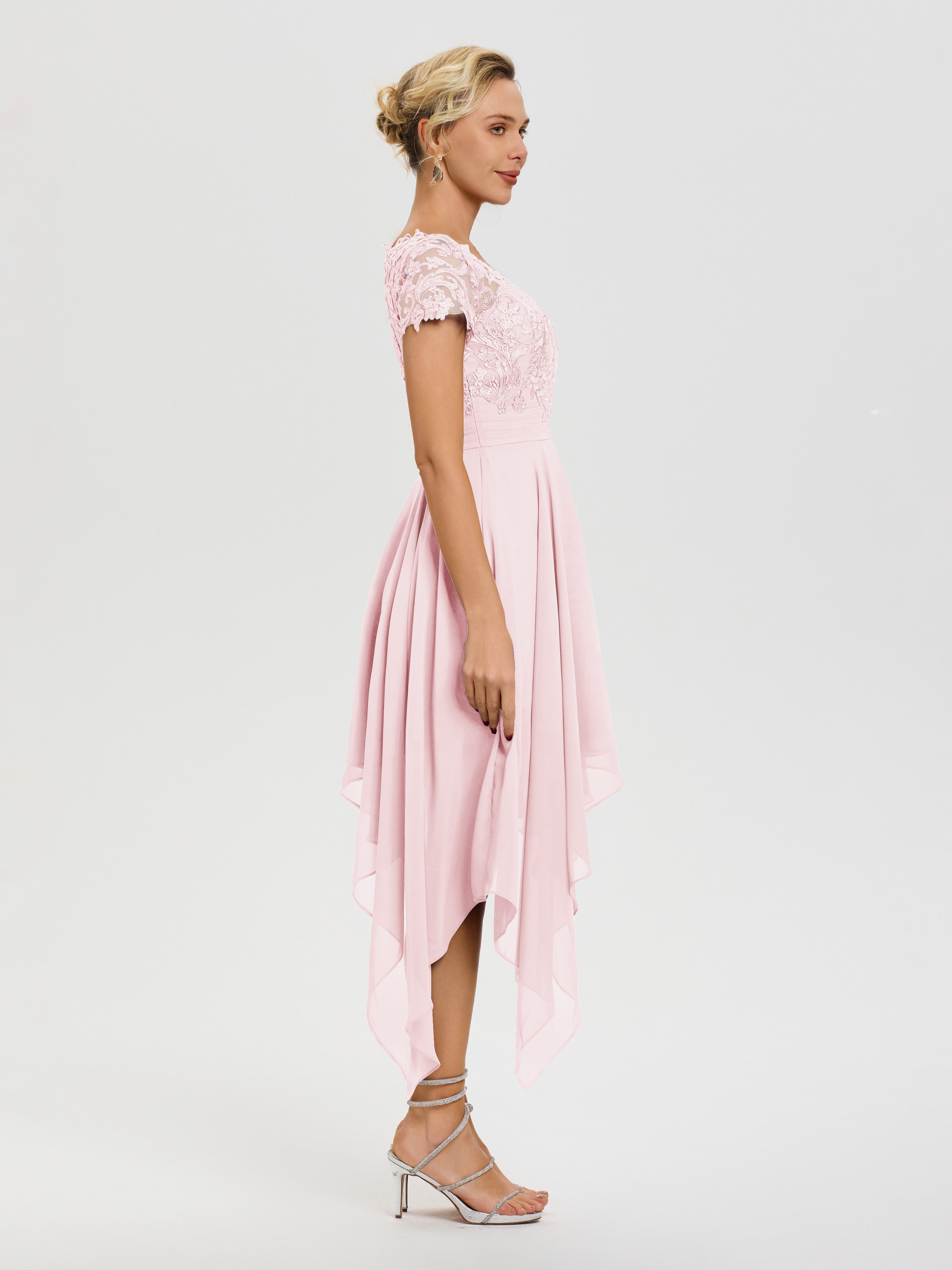 Robe De Mère De La Mariée Rose Pâle Col V Mousseline&Dentelle Asymétrique Robe Mère De La Mariée