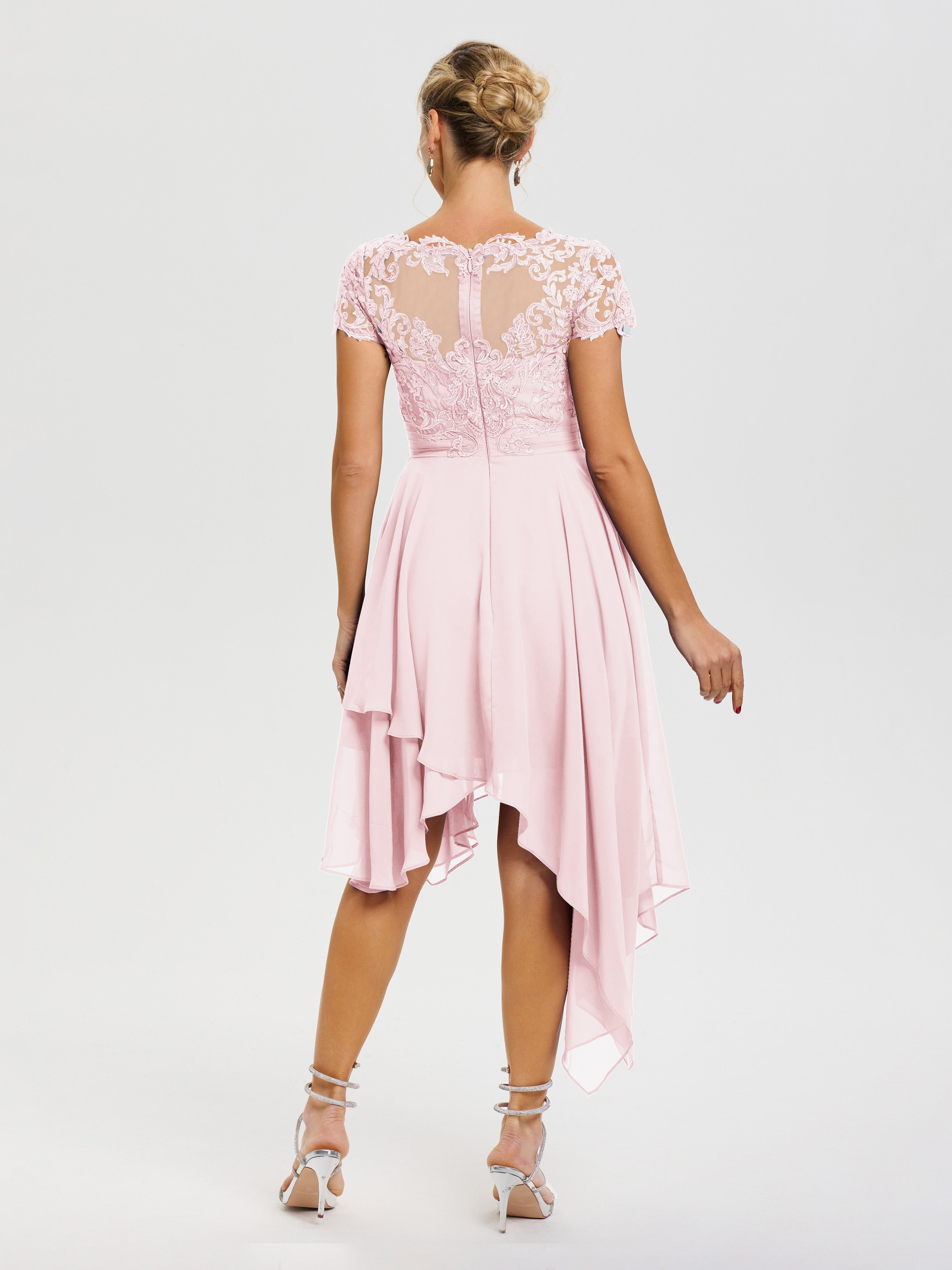 Robe De Mère De La Mariée Rose Pâle Col V Mousseline&Dentelle Asymétrique Robe Mère De La Mariée