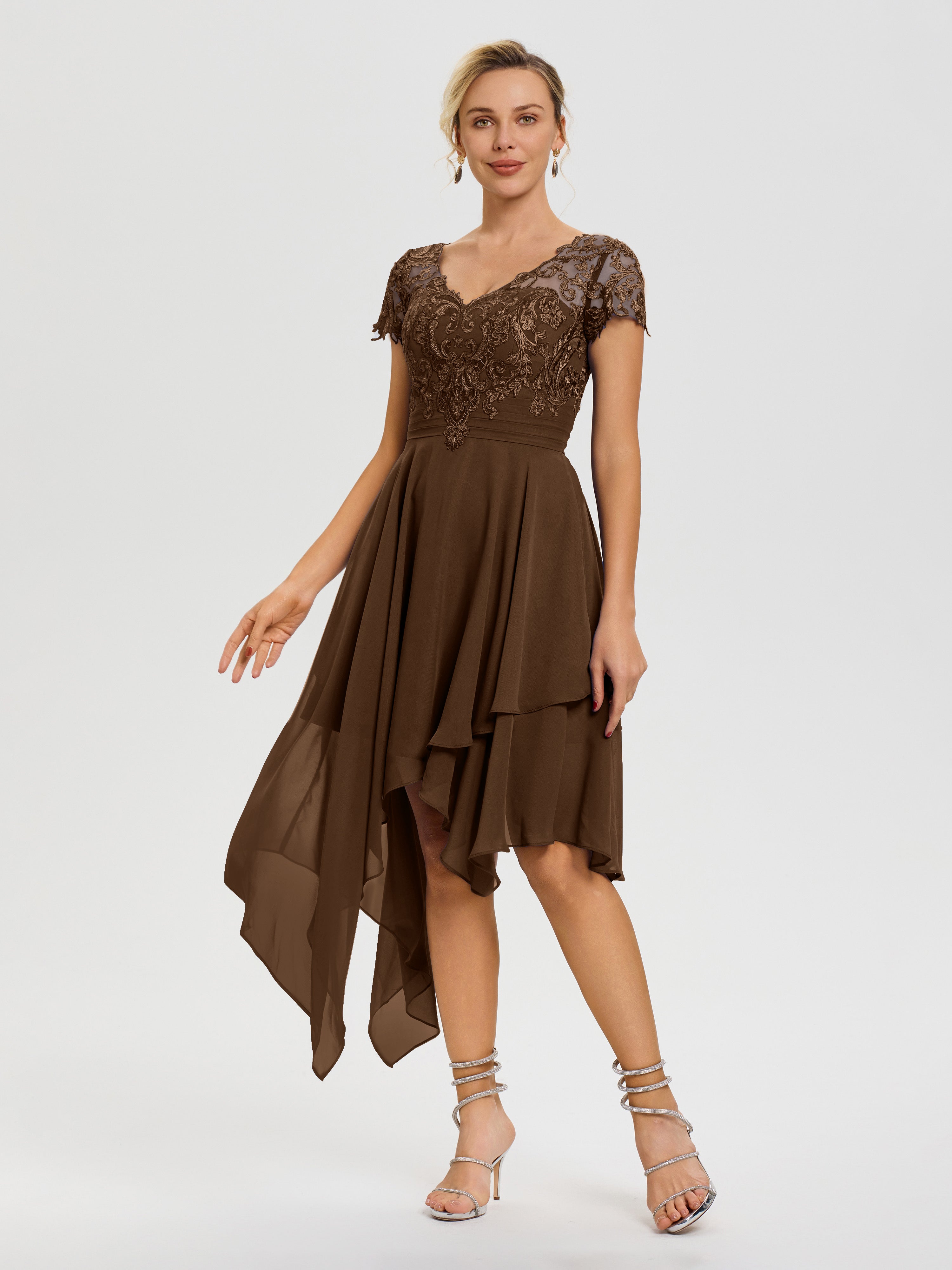 Robe De La Mère De La Mariée Brun Col V Mousseline&Dentelle Asymétrique Robe Mère De La Mariée