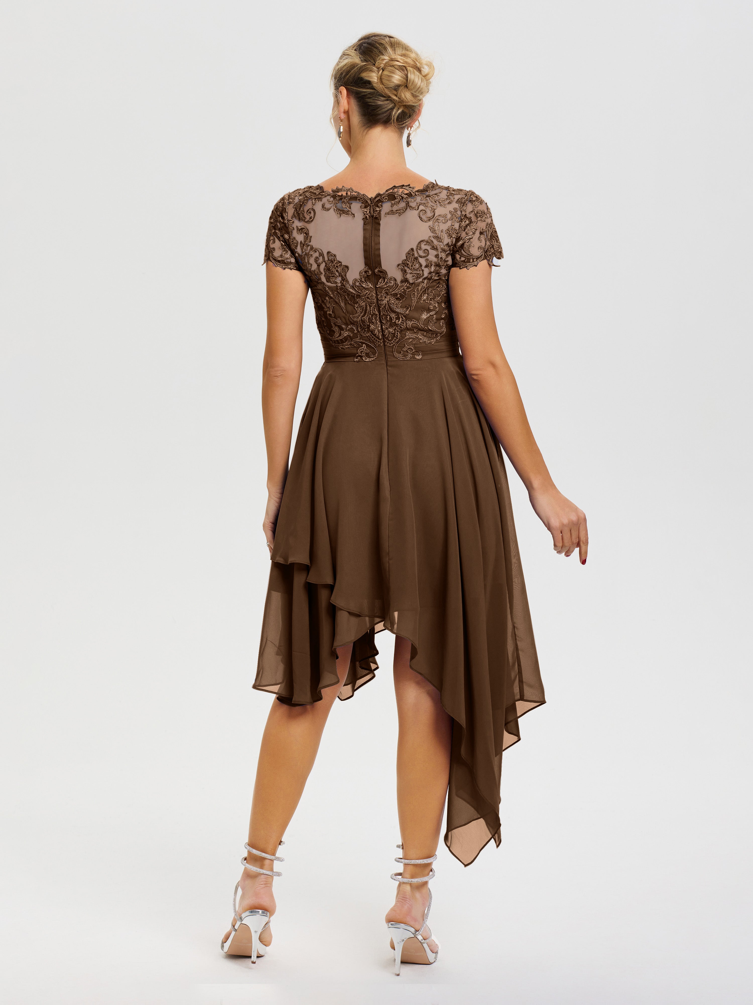 Robe De La Mère De La Mariée Brun Col V Mousseline&Dentelle Asymétrique Robe Mère De La Mariée