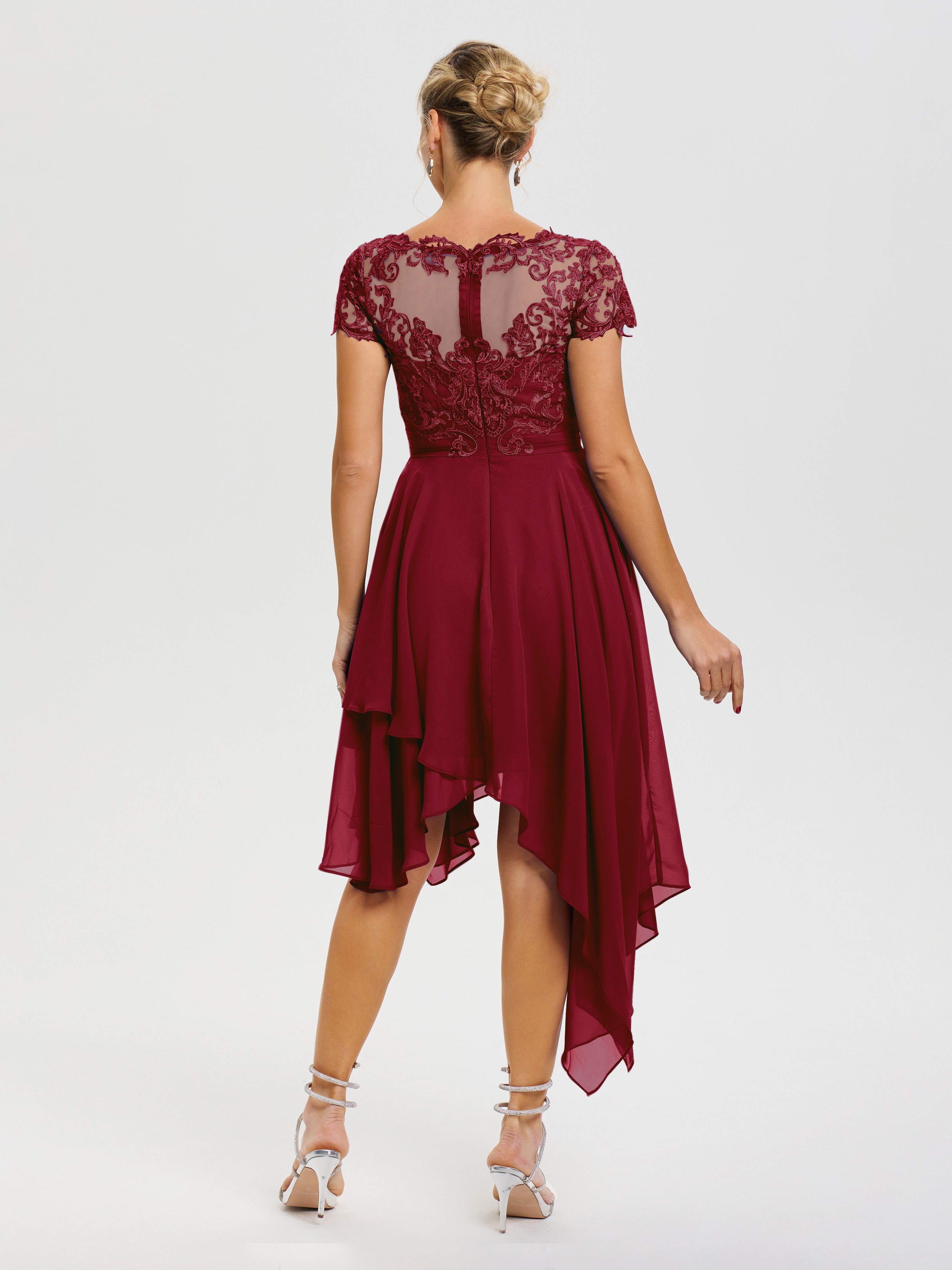 Robe Mère De La Mariée Bordeaux Col V Mousseline&Dentelle Asymétrique Robe Mère De La Mariée