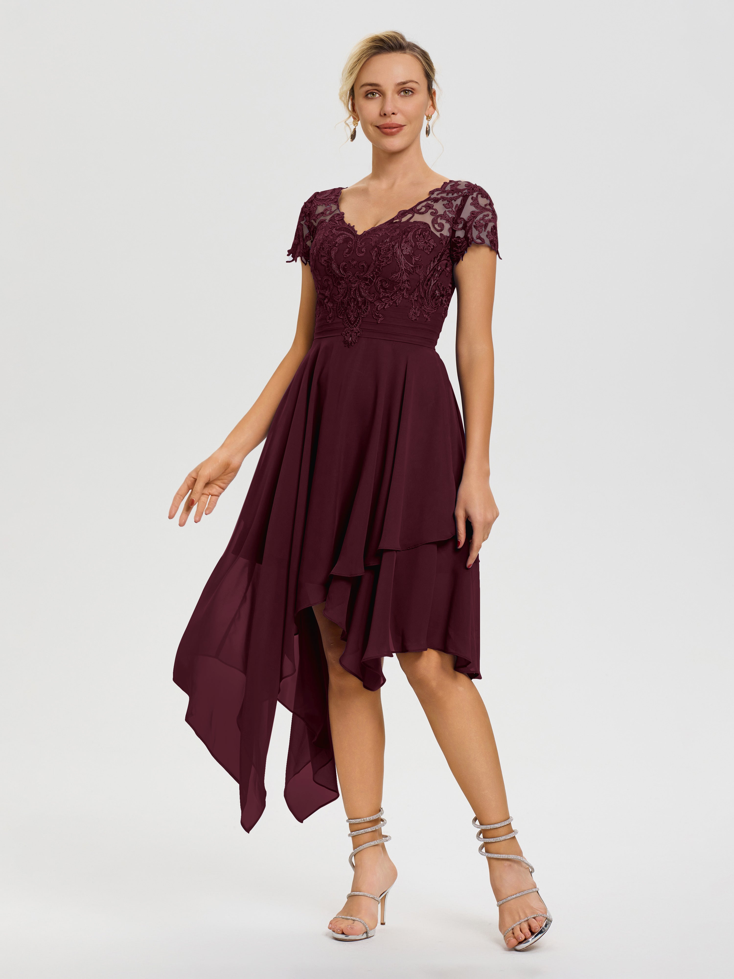 Robe De La Mère De La Mariée Cabernet Col V Mousseline&Dentelle Asymétrique Robe Mère De La Mariée