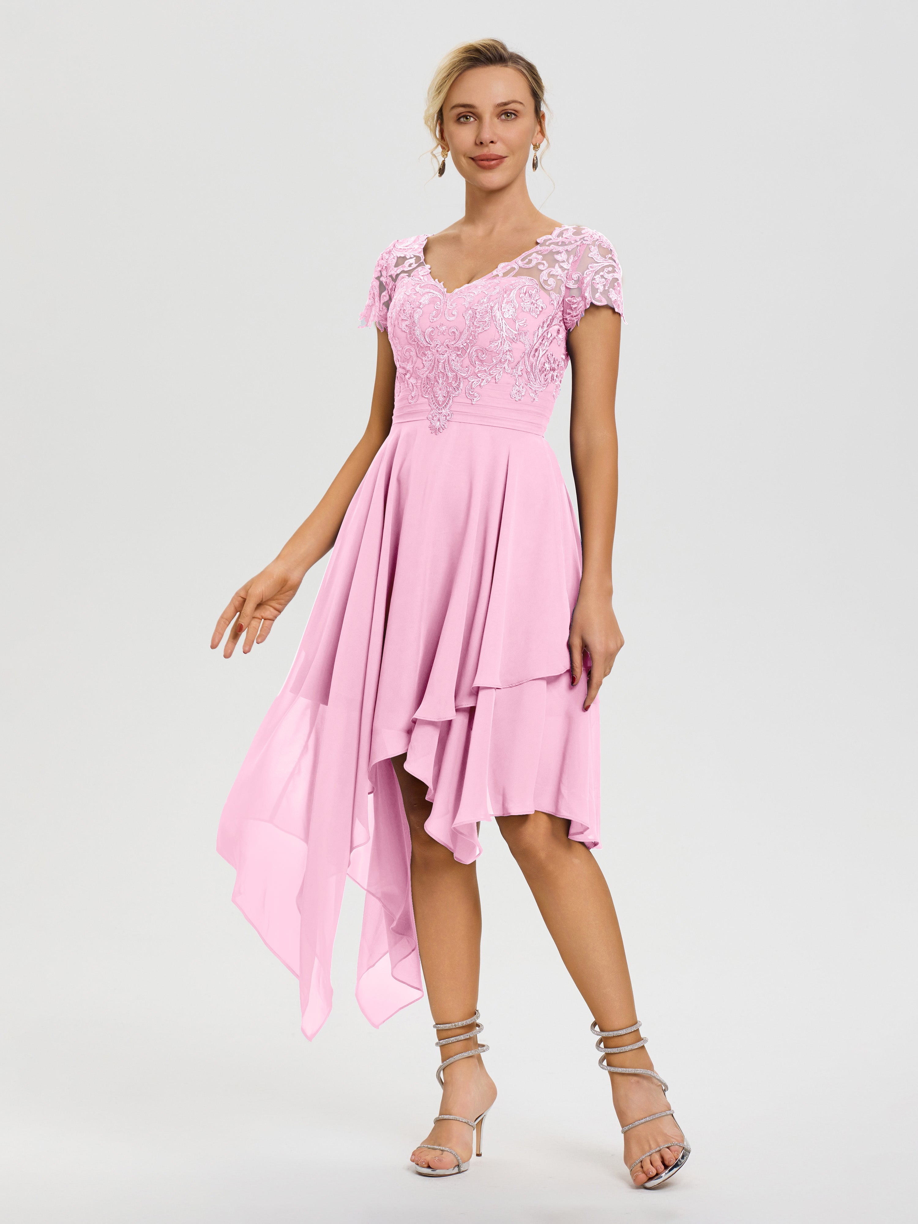 Robe De Mère De La Mariée Rose Bonbon Col V Mousseline&Dentelle Asymétrique Robe Mère De La Mariée