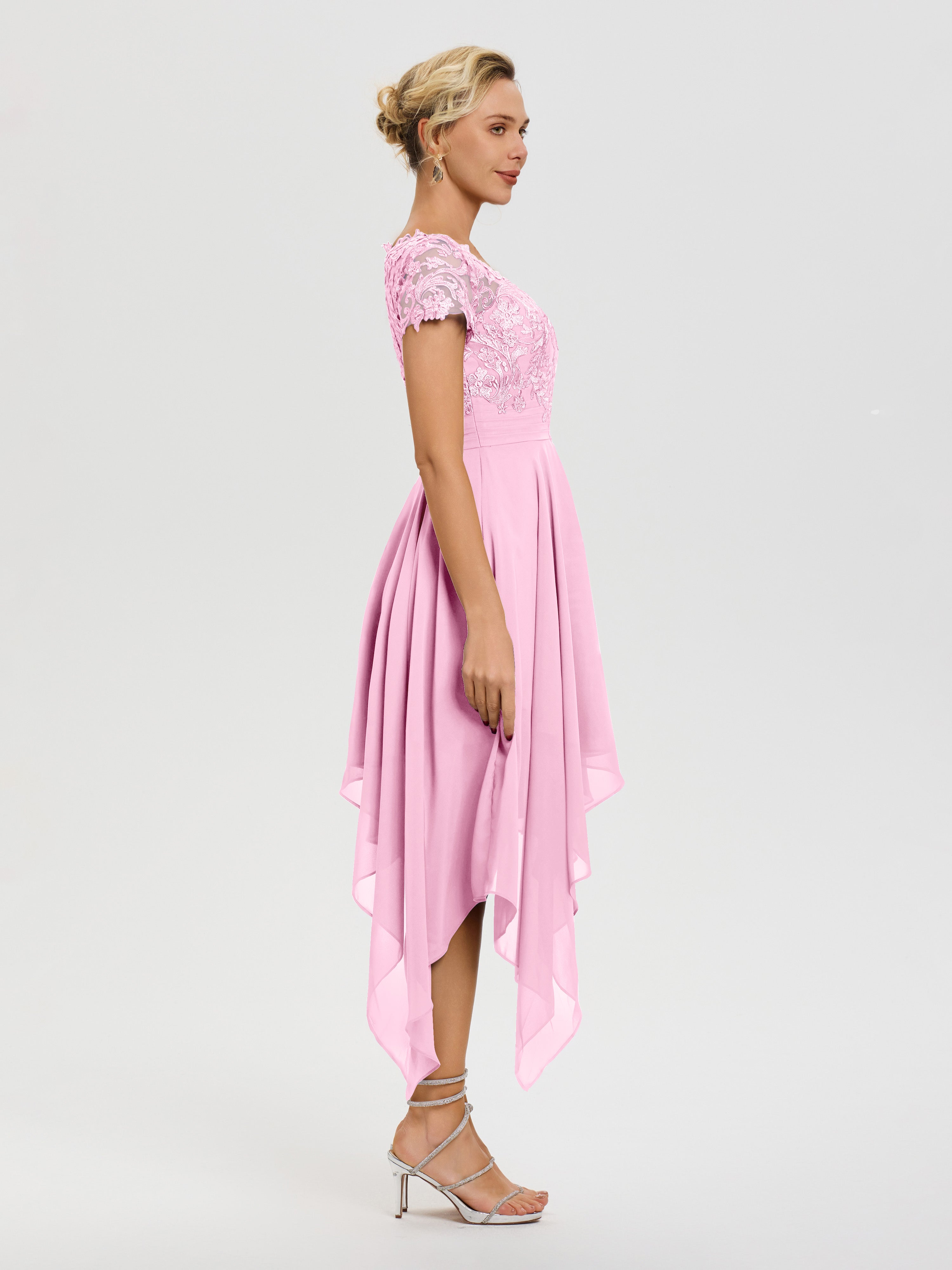 Robe De Mère De La Mariée Rose Bonbon Col V Mousseline&Dentelle Asymétrique Robe Mère De La Mariée