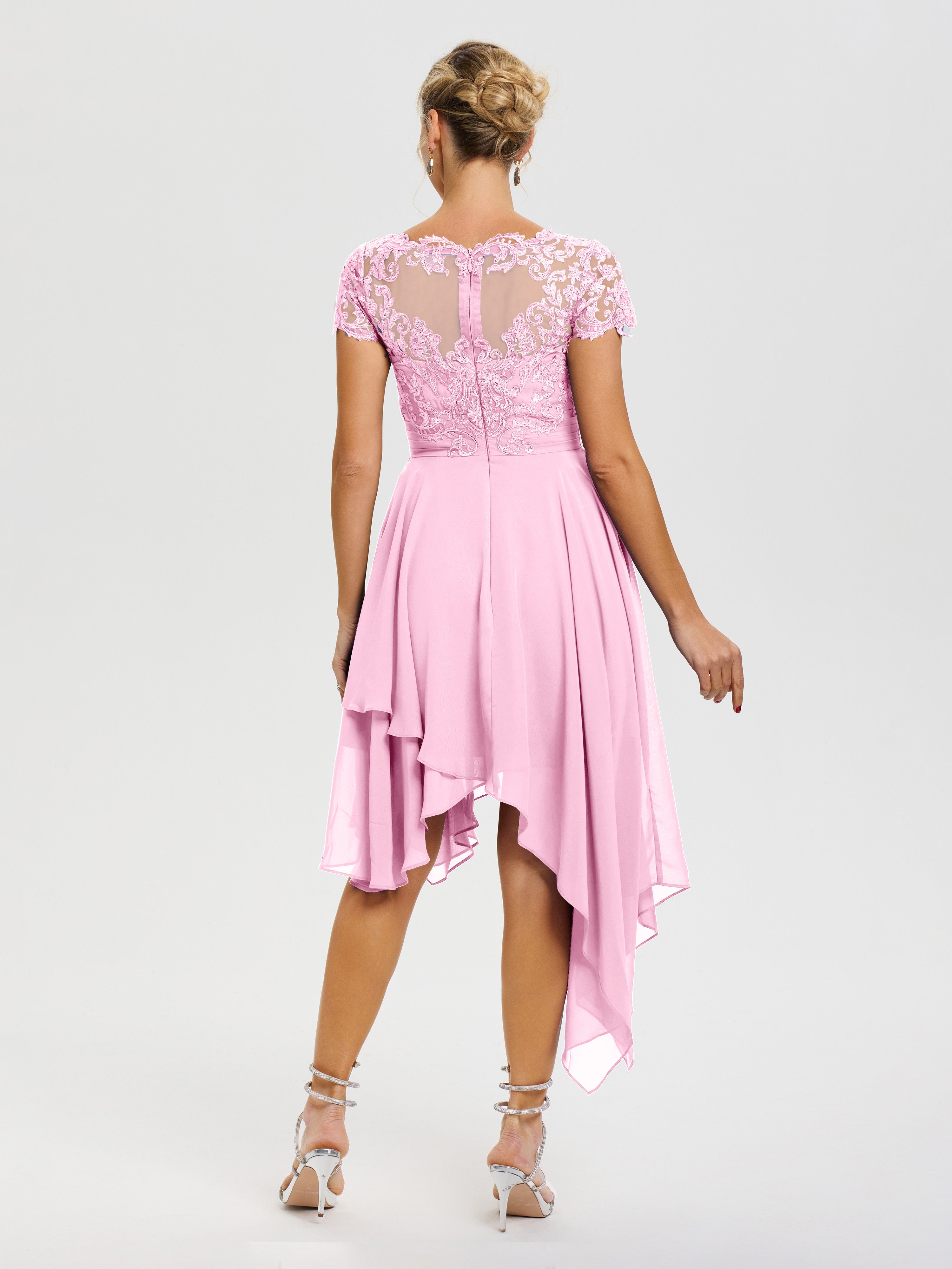 Robe De Mère De La Mariée Rose Bonbon Col V Mousseline&Dentelle Asymétrique Robe Mère De La Mariée