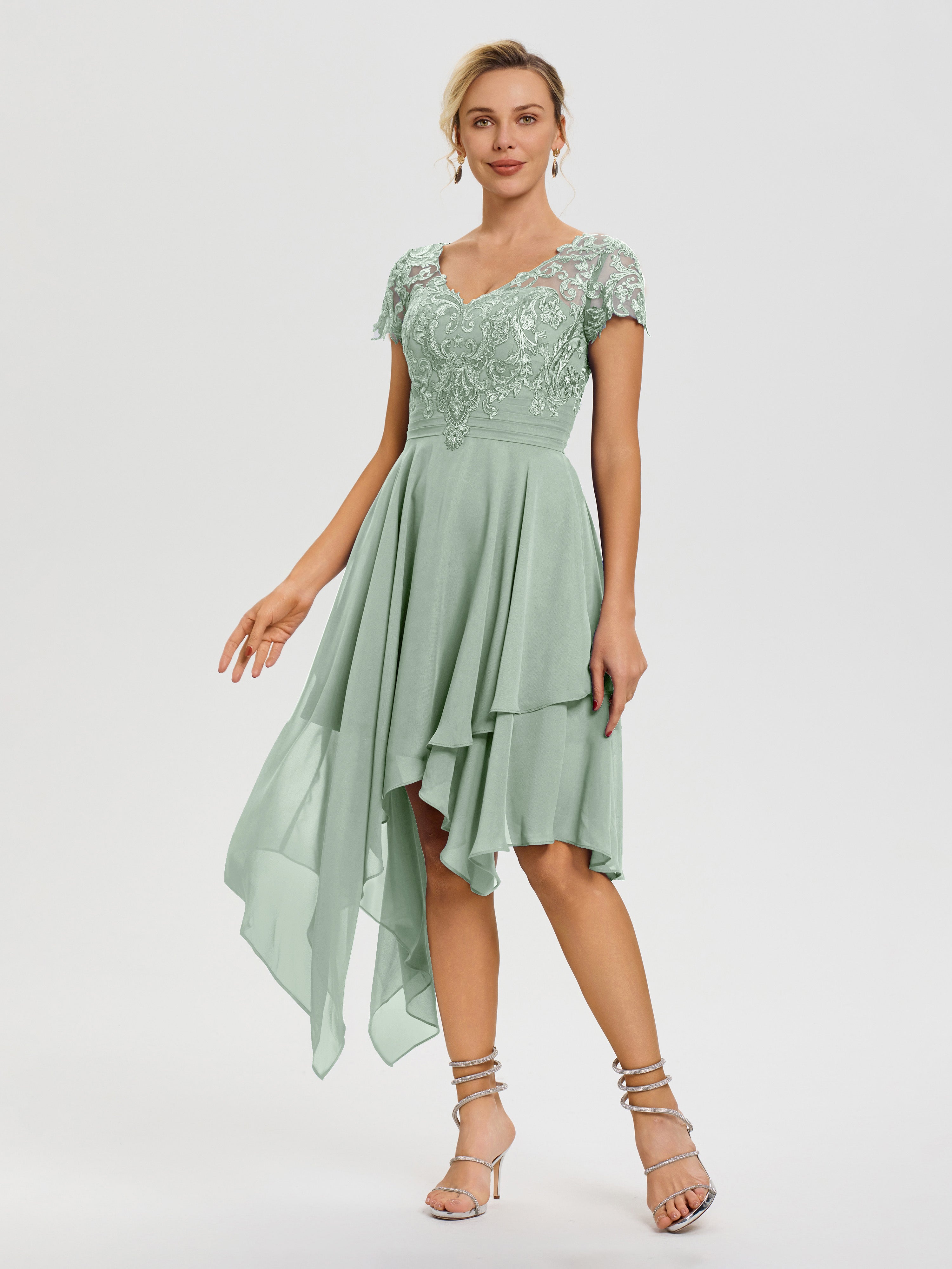 Robe De La Mère De La Mariée Celadon Col V Mousseline&Dentelle Asymétrique Robe Mère De La Mariée