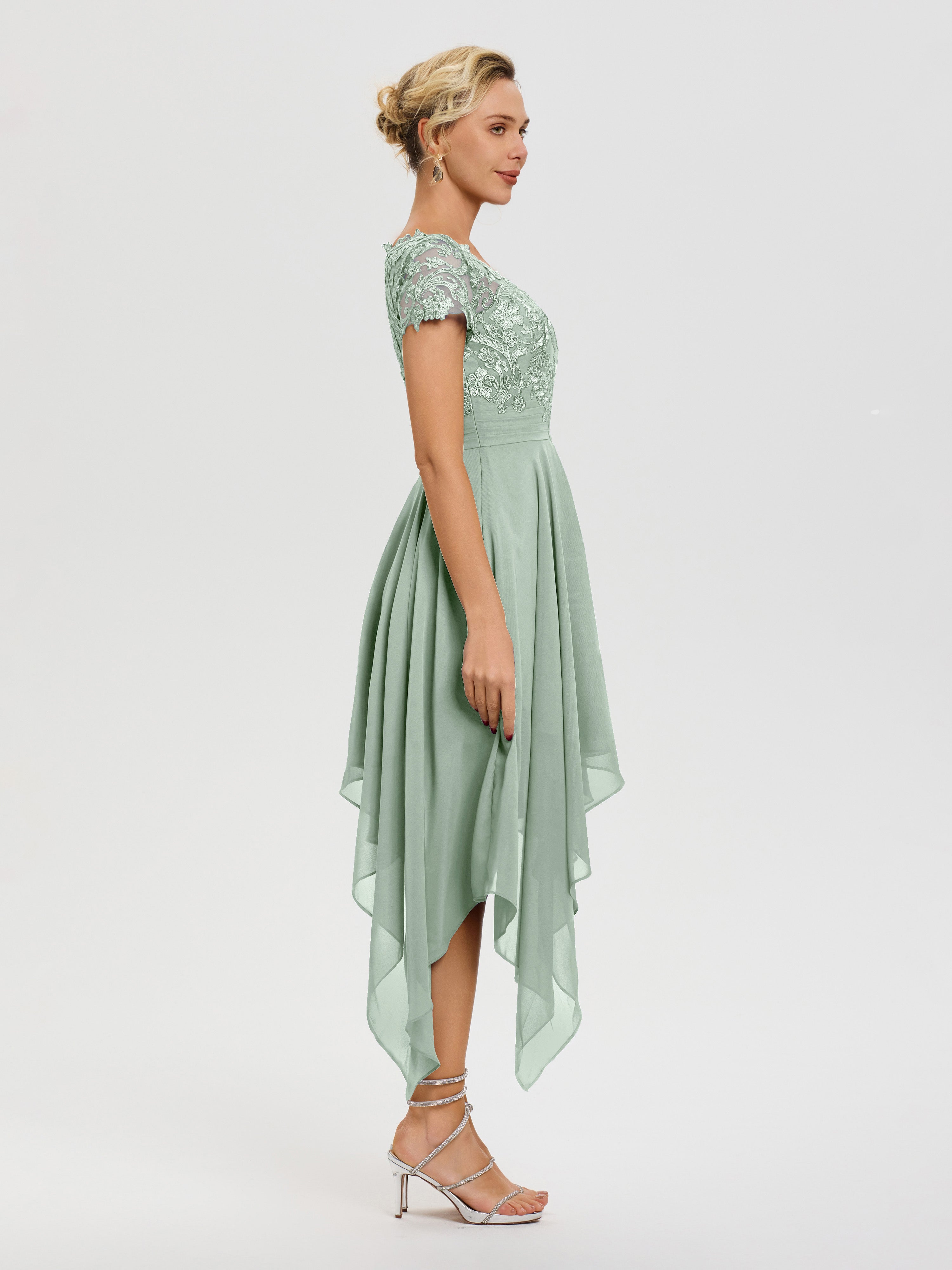 Robe De La Mère De La Mariée Celadon Col V Mousseline&Dentelle Asymétrique Robe Mère De La Mariée