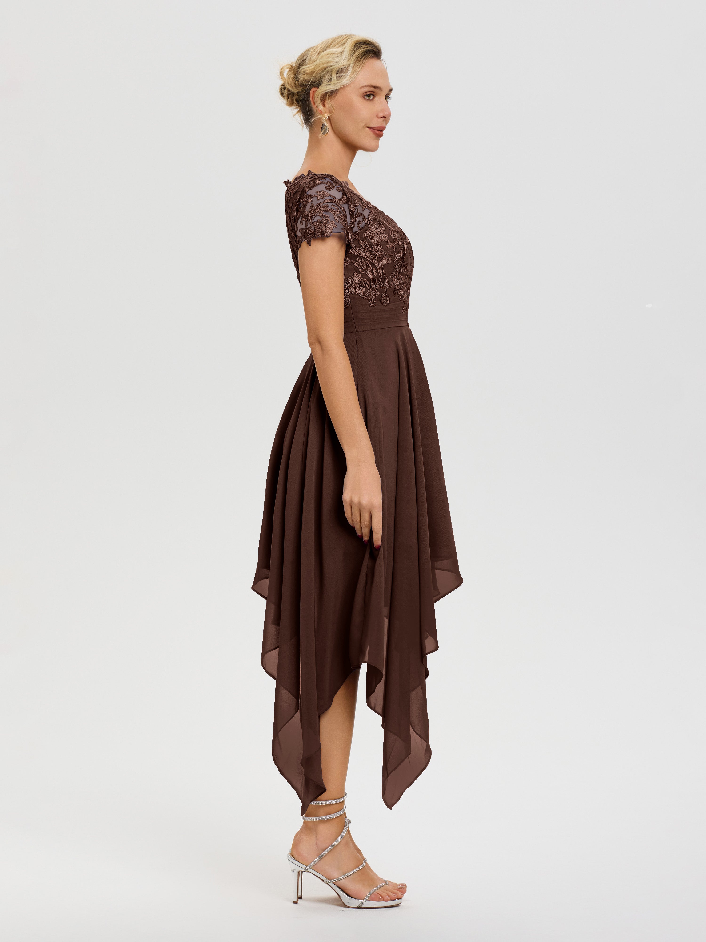 Robe De Mère De Mariée Chocolat Col V Mousseline&Dentelle Asymétrique Robe Mère De La Mariée