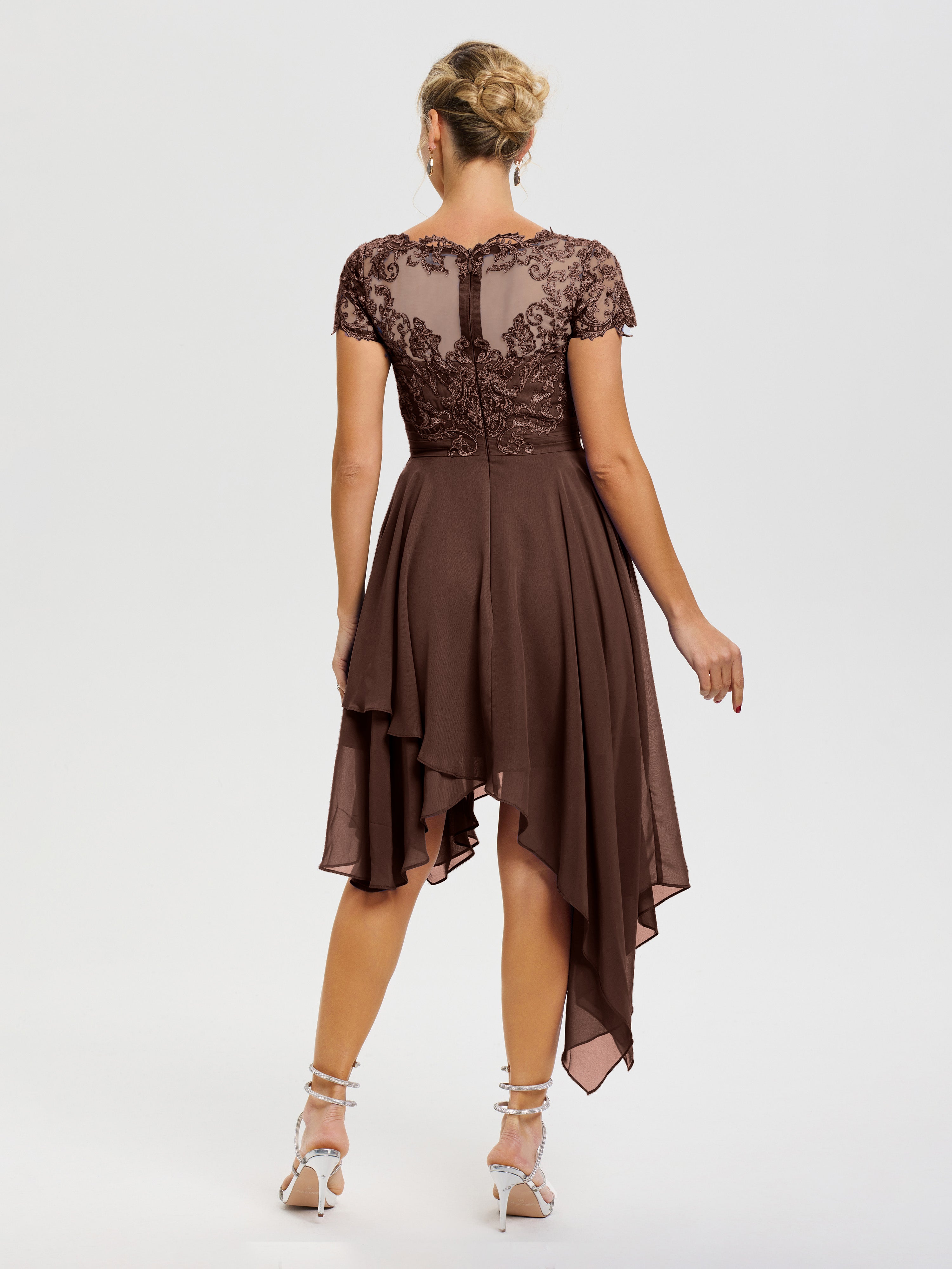 Robe De Mère De Mariée Chocolat Col V Mousseline&Dentelle Asymétrique Robe Mère De La Mariée