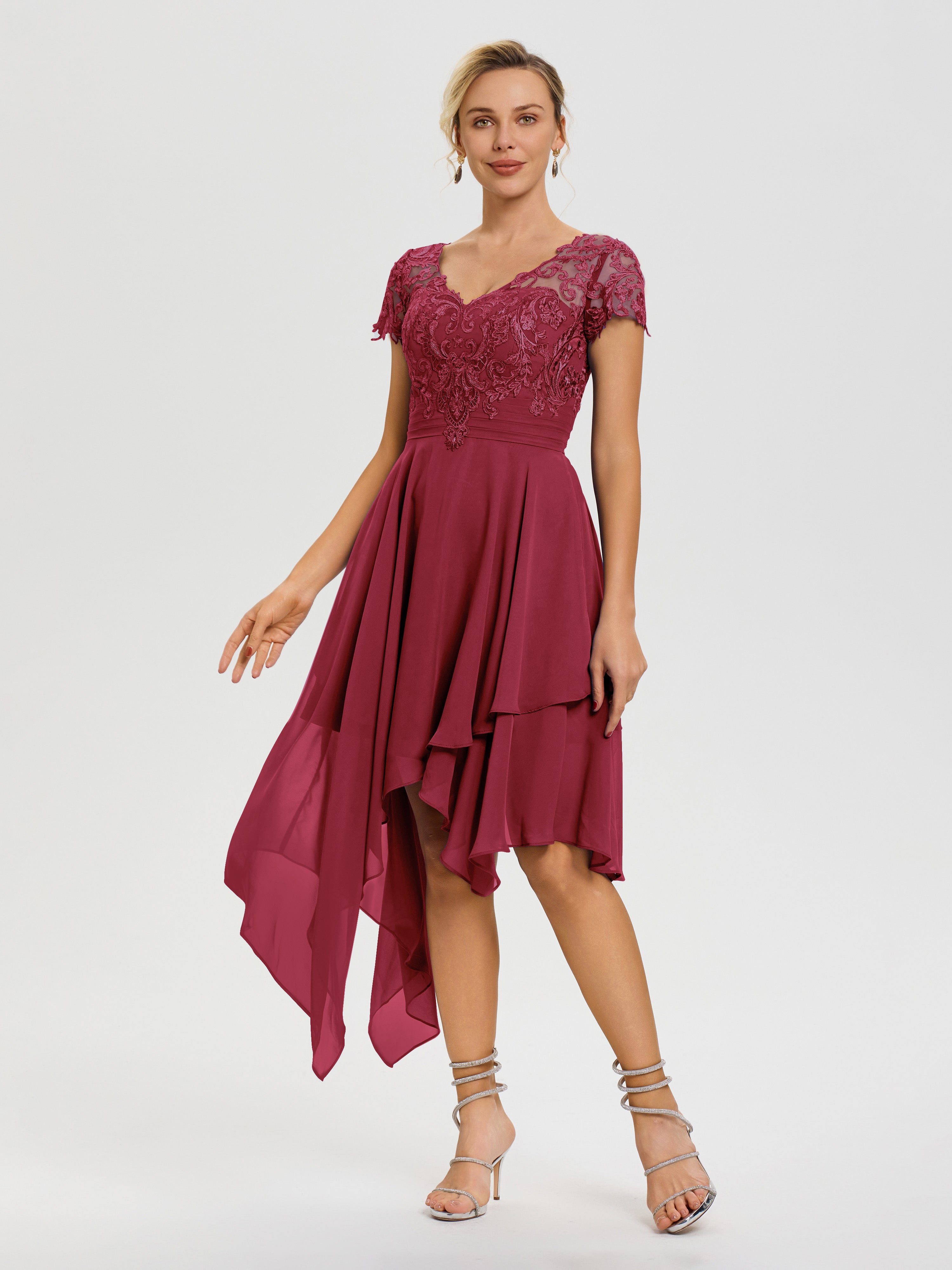 Robe Mère De La Mariee Rose Cannelle Col V Mousseline&Dentelle Asymétrique Robe Mère De La Mariée
