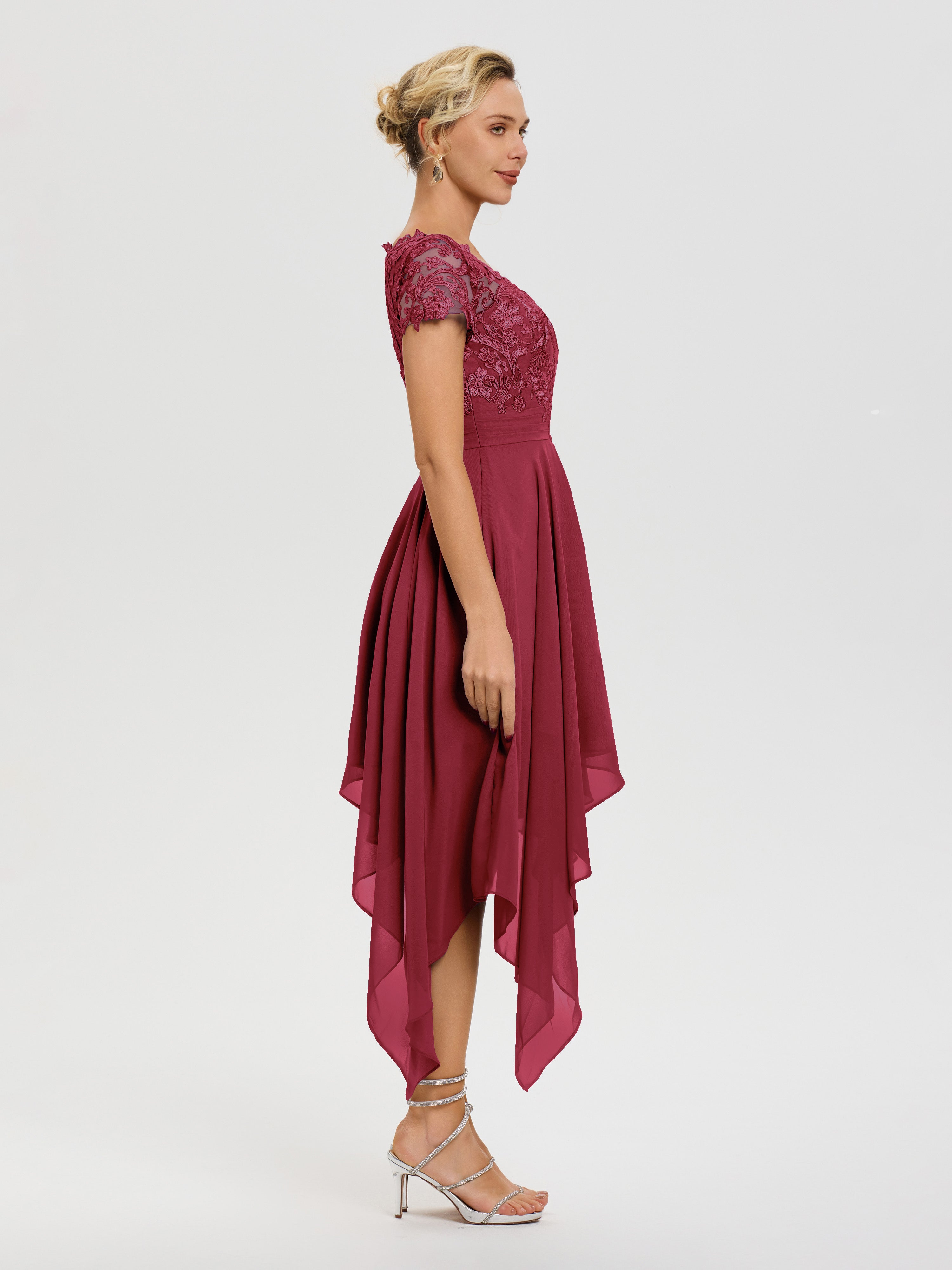 Robe Mère De La Mariee Rose Cannelle Col V Mousseline&Dentelle Asymétrique Robe Mère De La Mariée