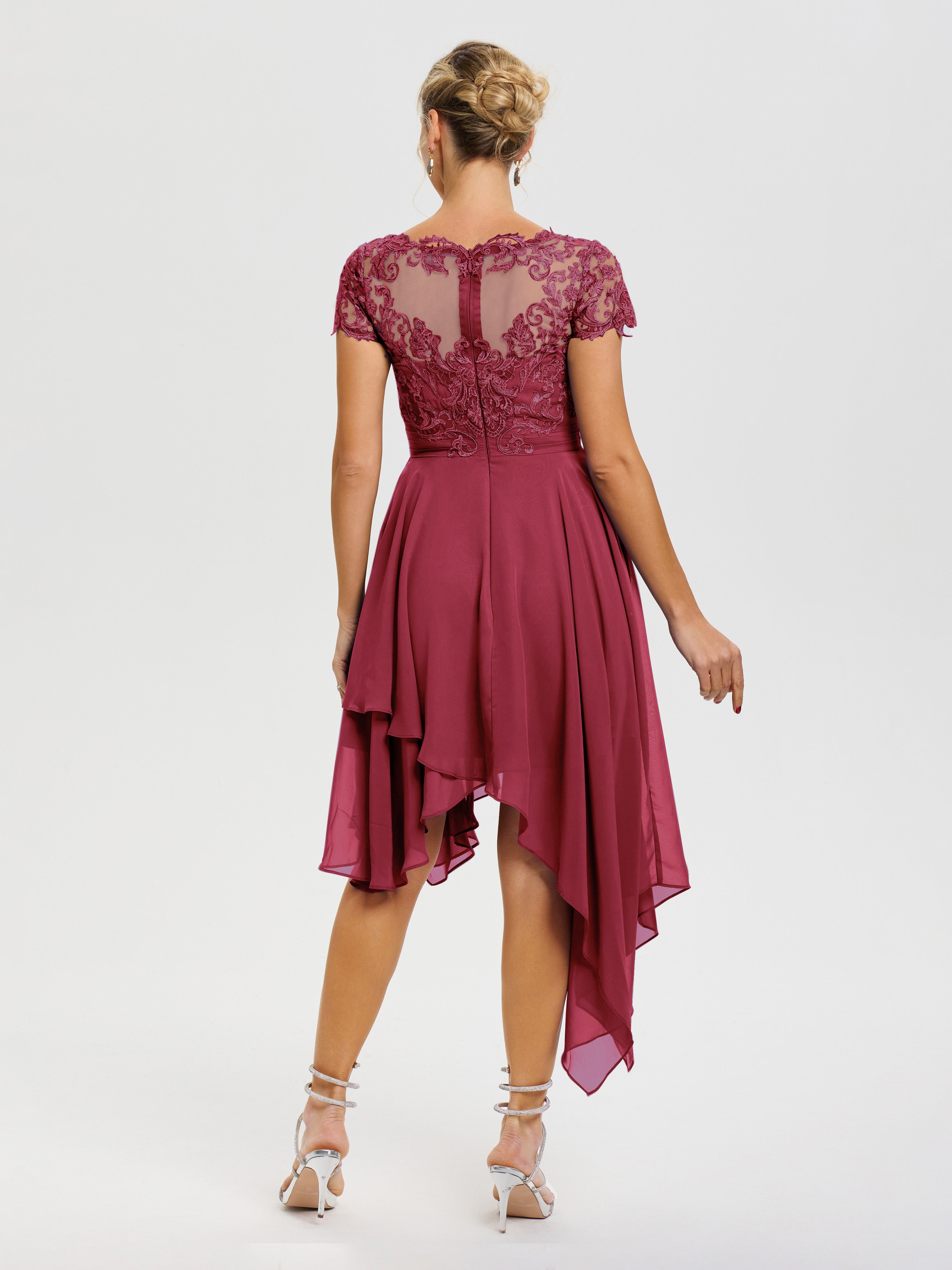 Robe Mère De La Mariee Rose Cannelle Col V Mousseline&Dentelle Asymétrique Robe Mère De La Mariée