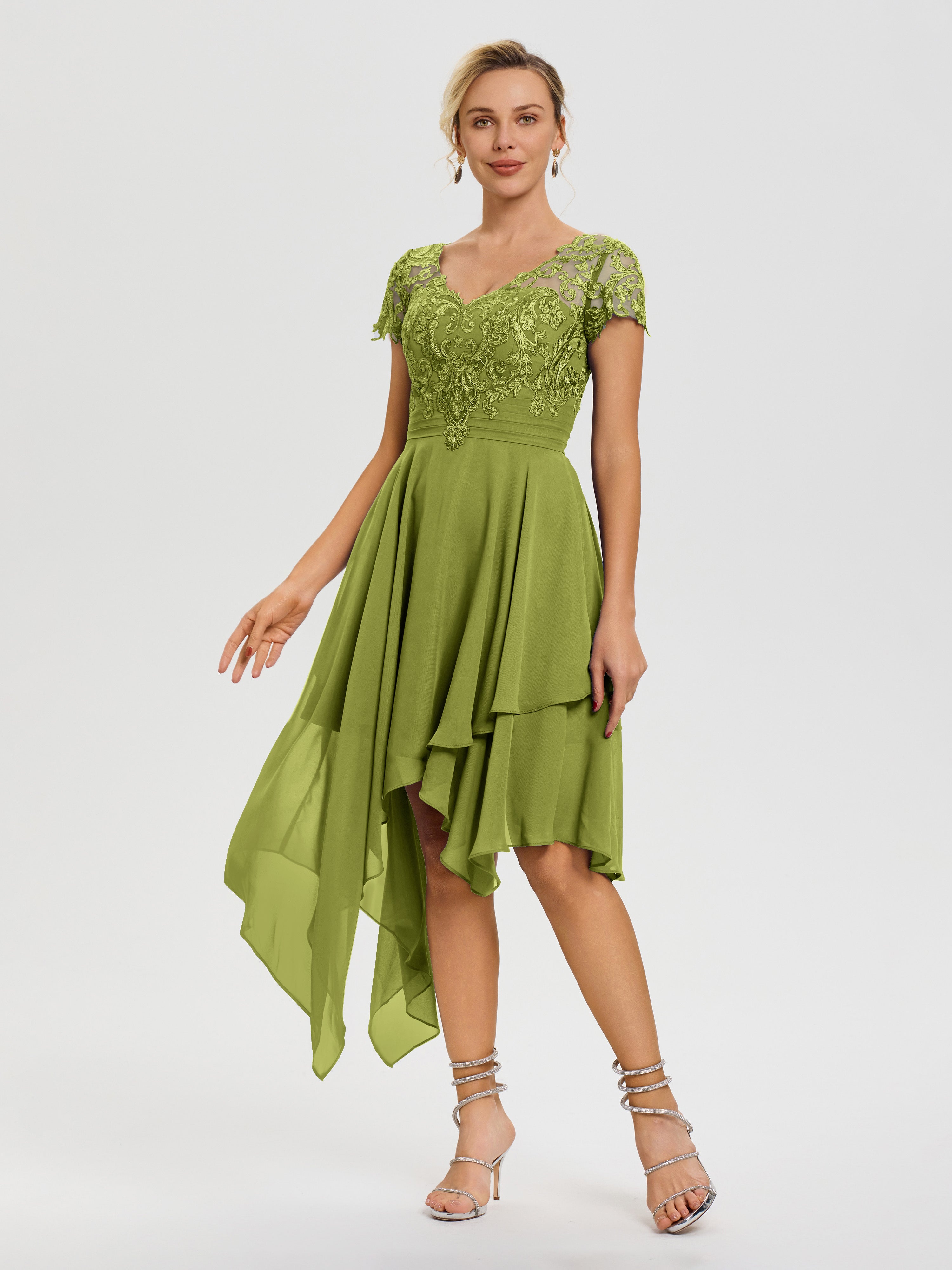 Robe Mère Mariee Trèfle Col V Mousseline&Dentelle Asymétrique Robe Mère De La Mariée