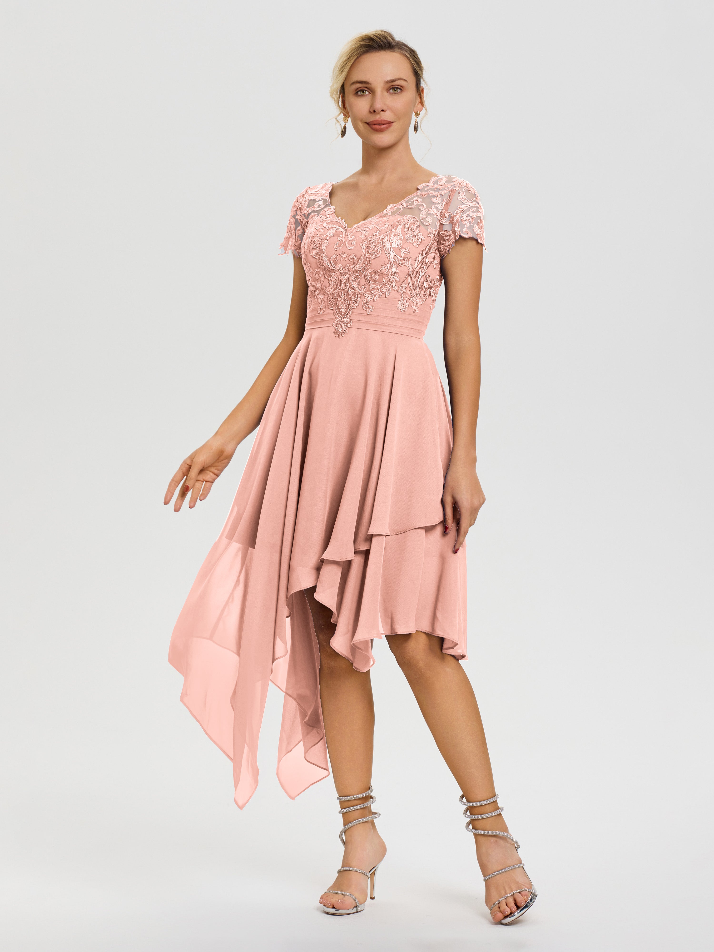 Robe Mère De Mariée Corail Col V Mousseline&Dentelle Asymétrique Robe Mère De La Mariée