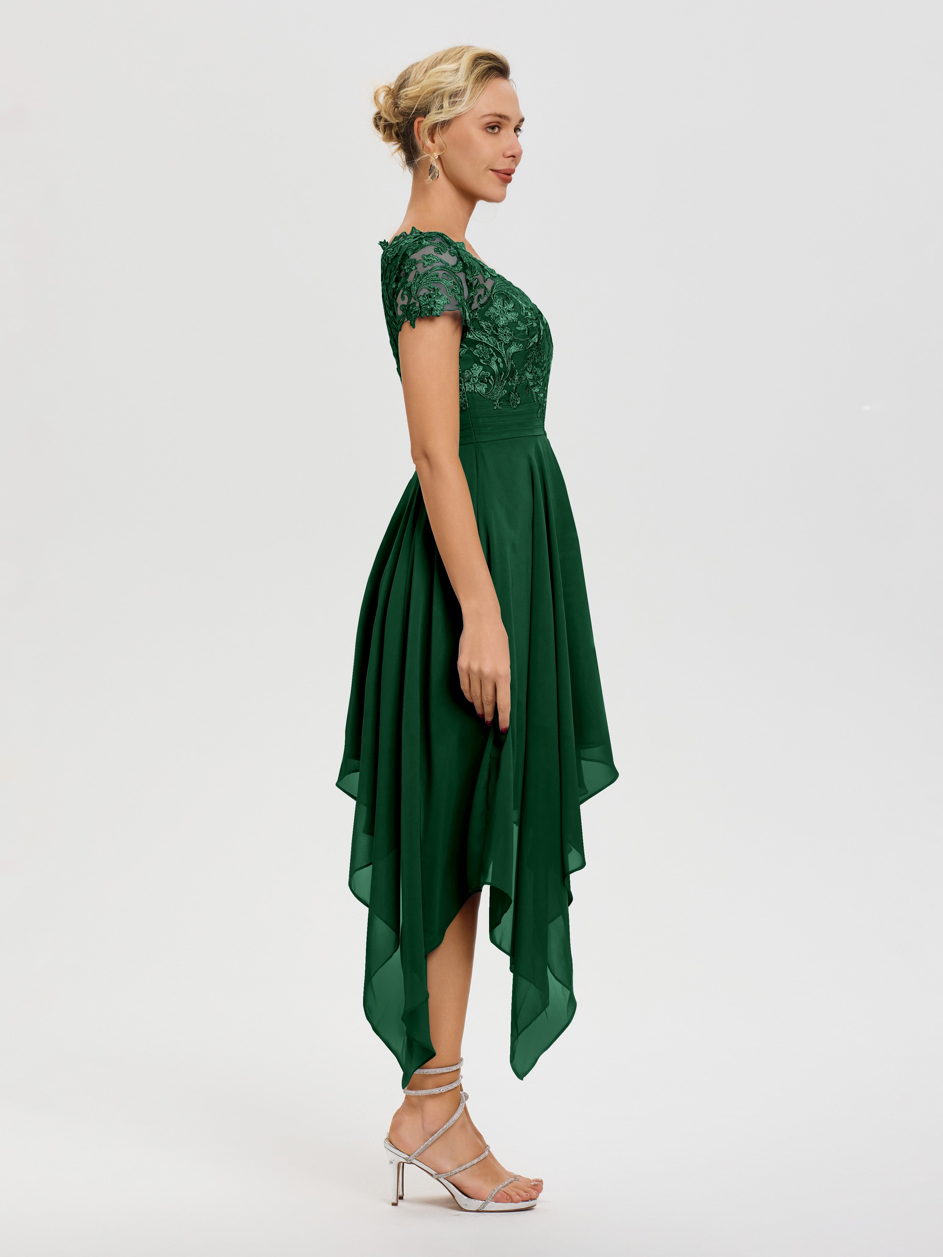 Robe Mère Marié Vert Foncé Col V Mousseline&Dentelle Asymétrique Robe Mère De La Mariée