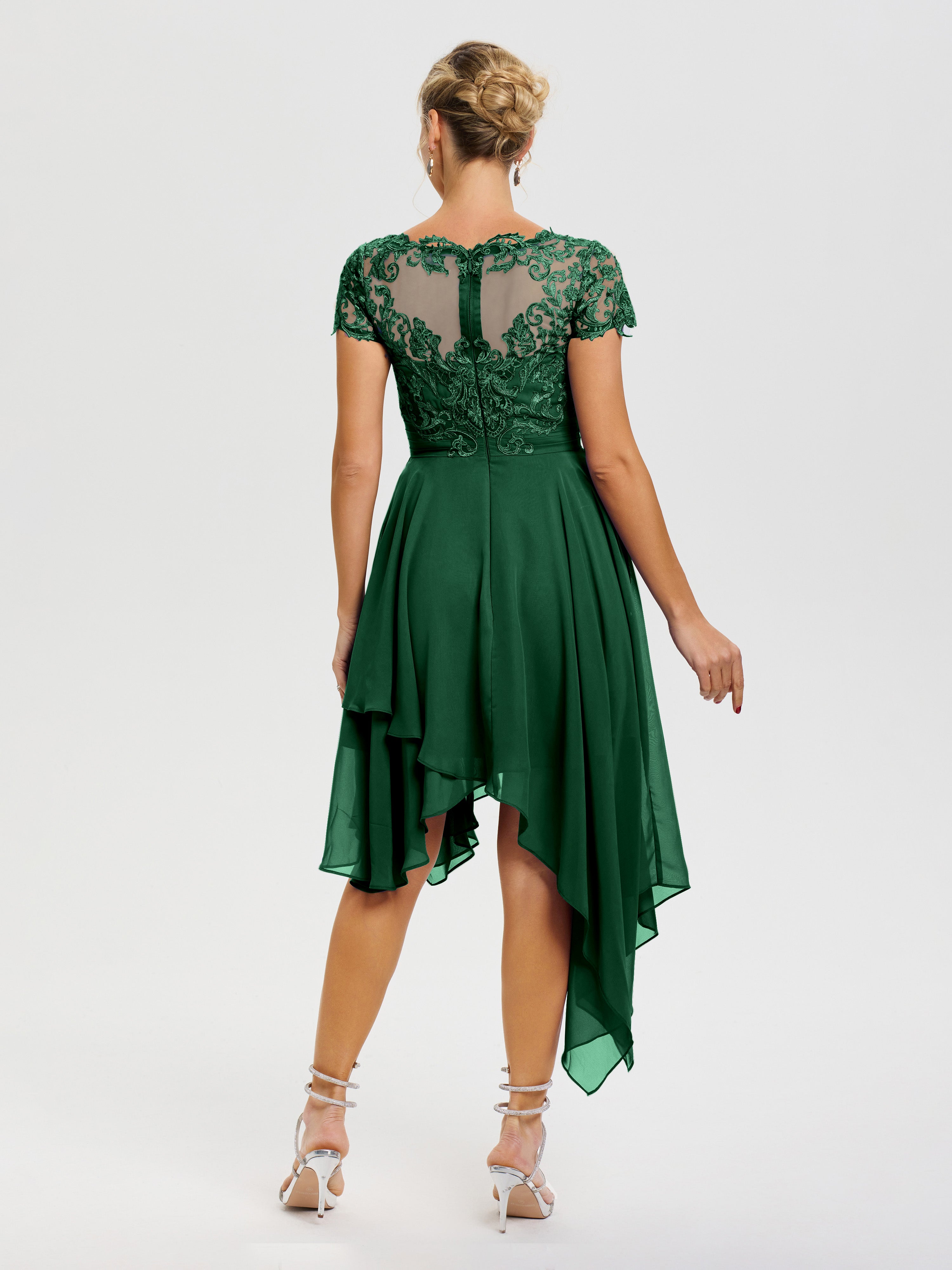 Robe Mère Marié Vert Foncé Col V Mousseline&Dentelle Asymétrique Robe Mère De La Mariée