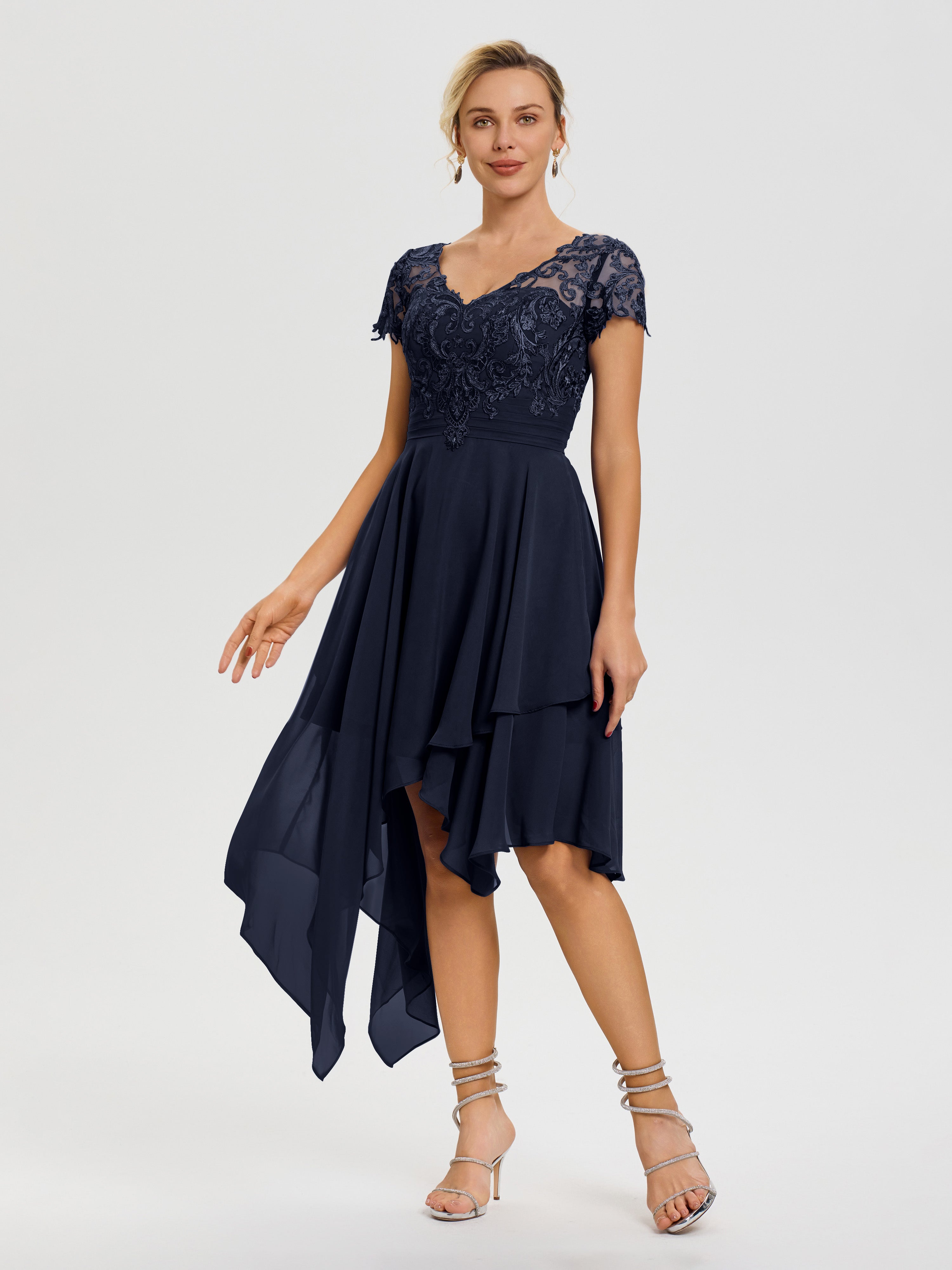 Robe Mère Mariée Bleu Marine Col V Mousseline&Dentelle Asymétrique Robe Mère De La Mariée