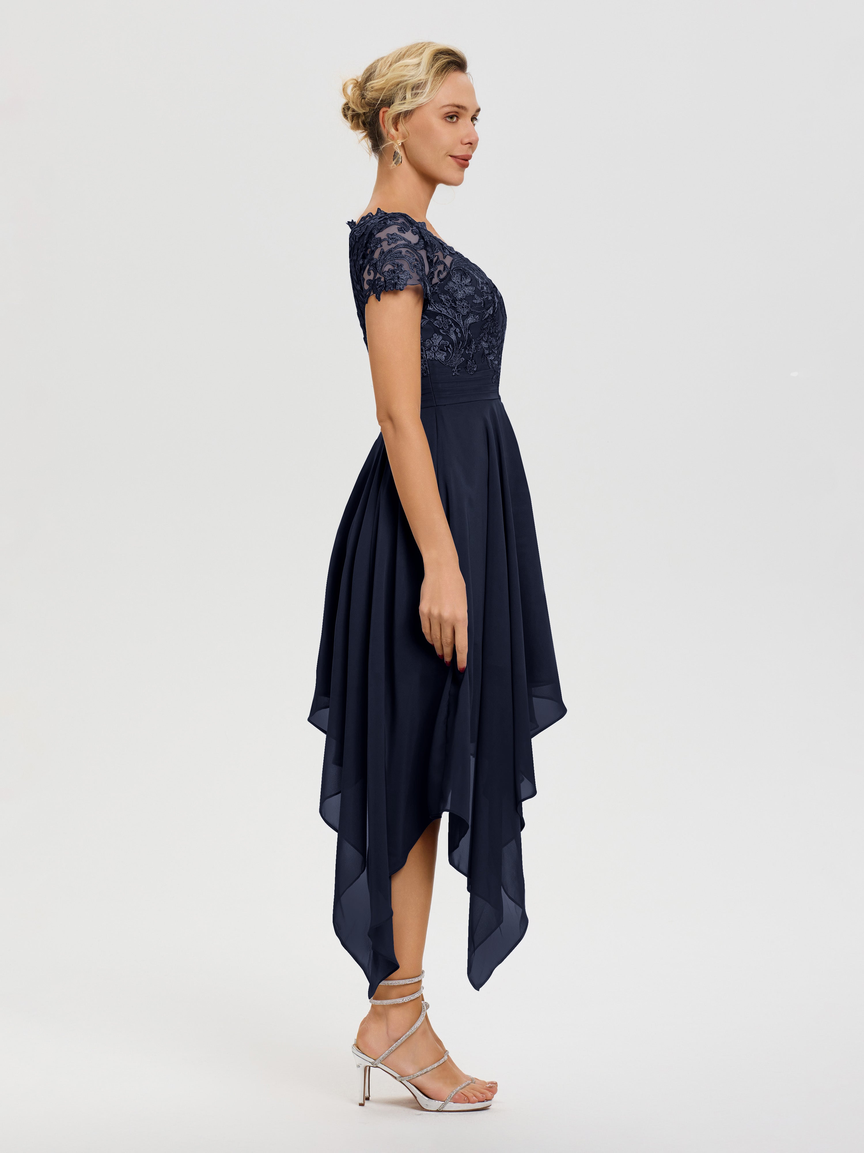 Robe Mère Mariée Bleu Marine Col V Mousseline&Dentelle Asymétrique Robe Mère De La Mariée