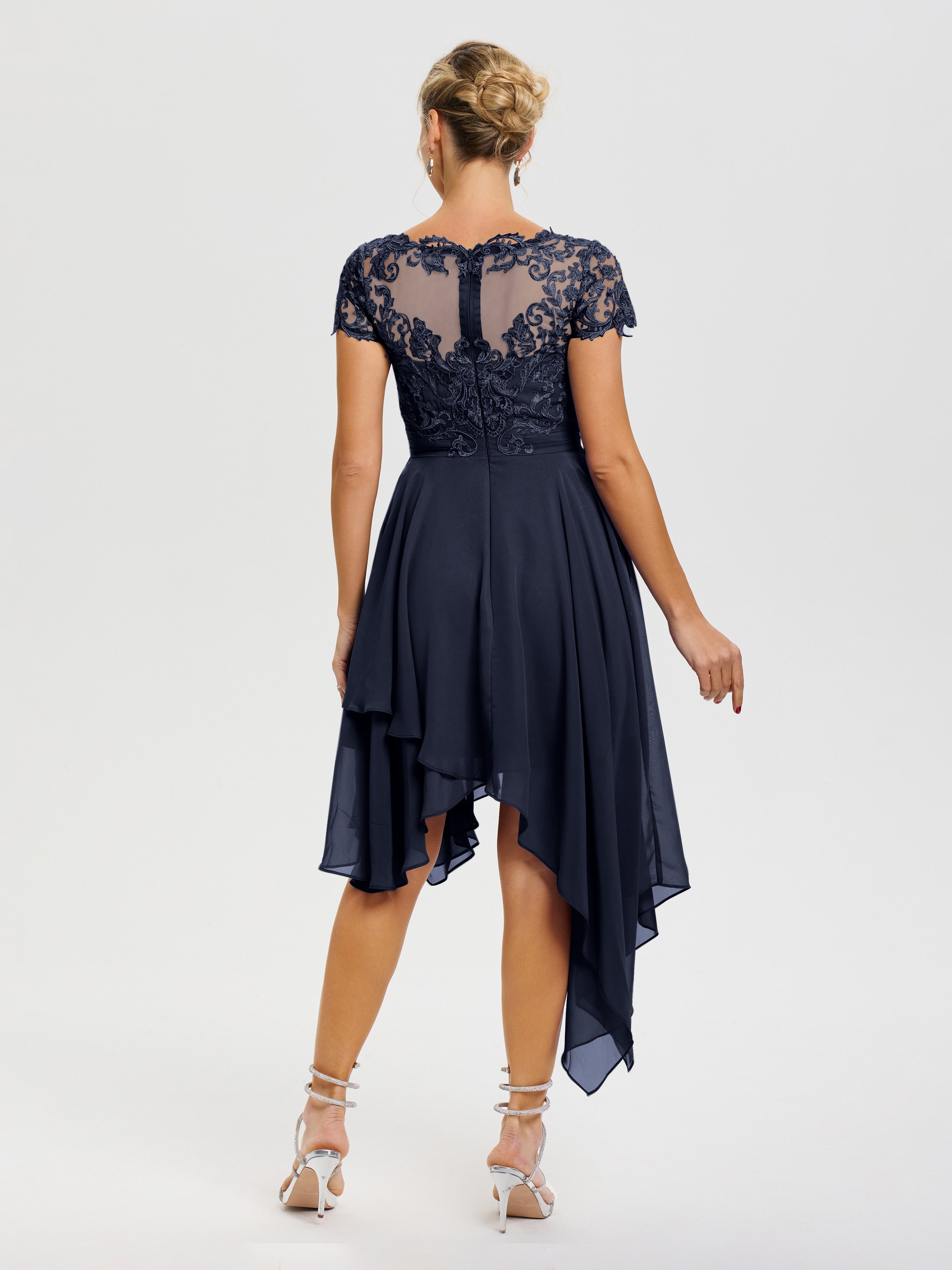 Robe Mère Mariée Bleu Marine Col V Mousseline&Dentelle Asymétrique Robe Mère De La Mariée