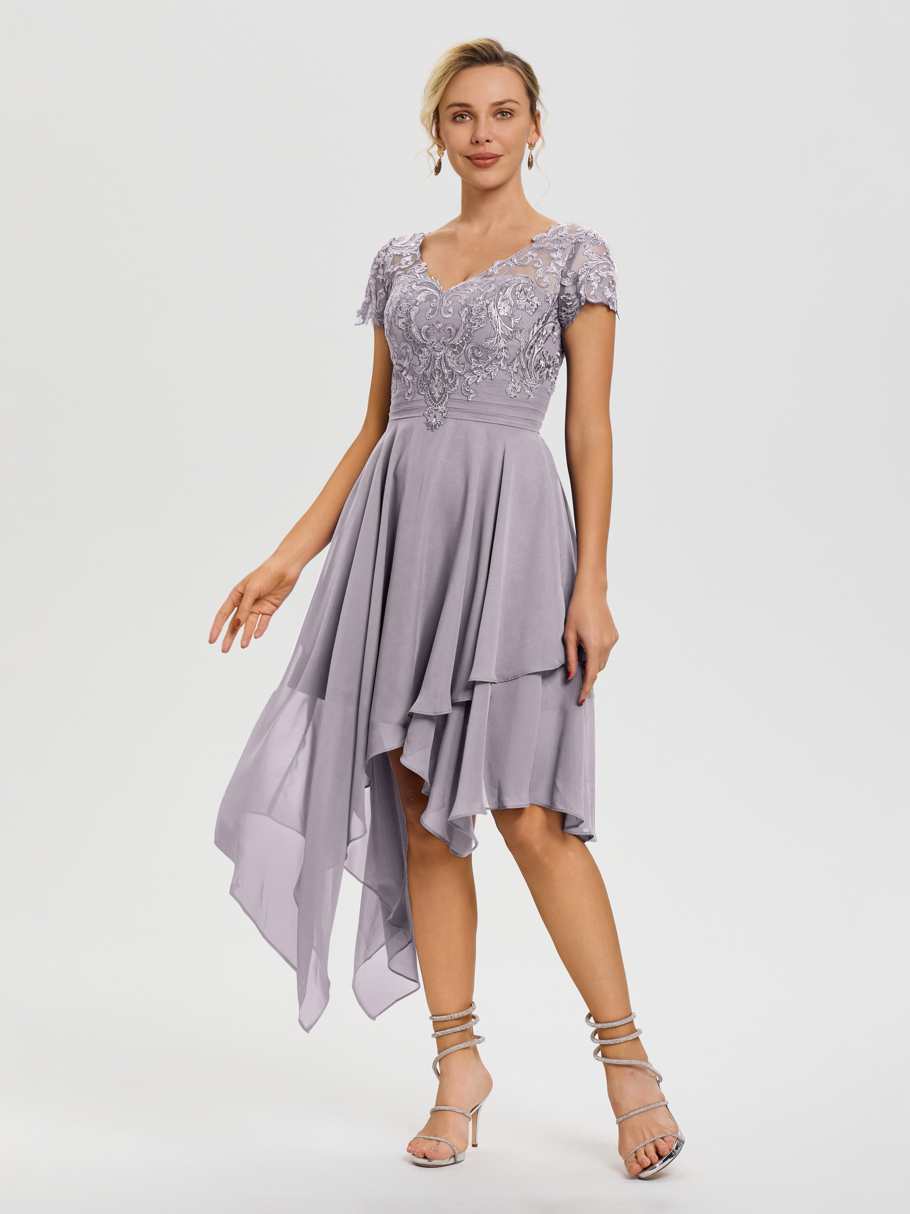 Robe De Mère De Mariée Crépuscule Col V Mousseline&Dentelle Asymétrique Robe Mère De La Mariée