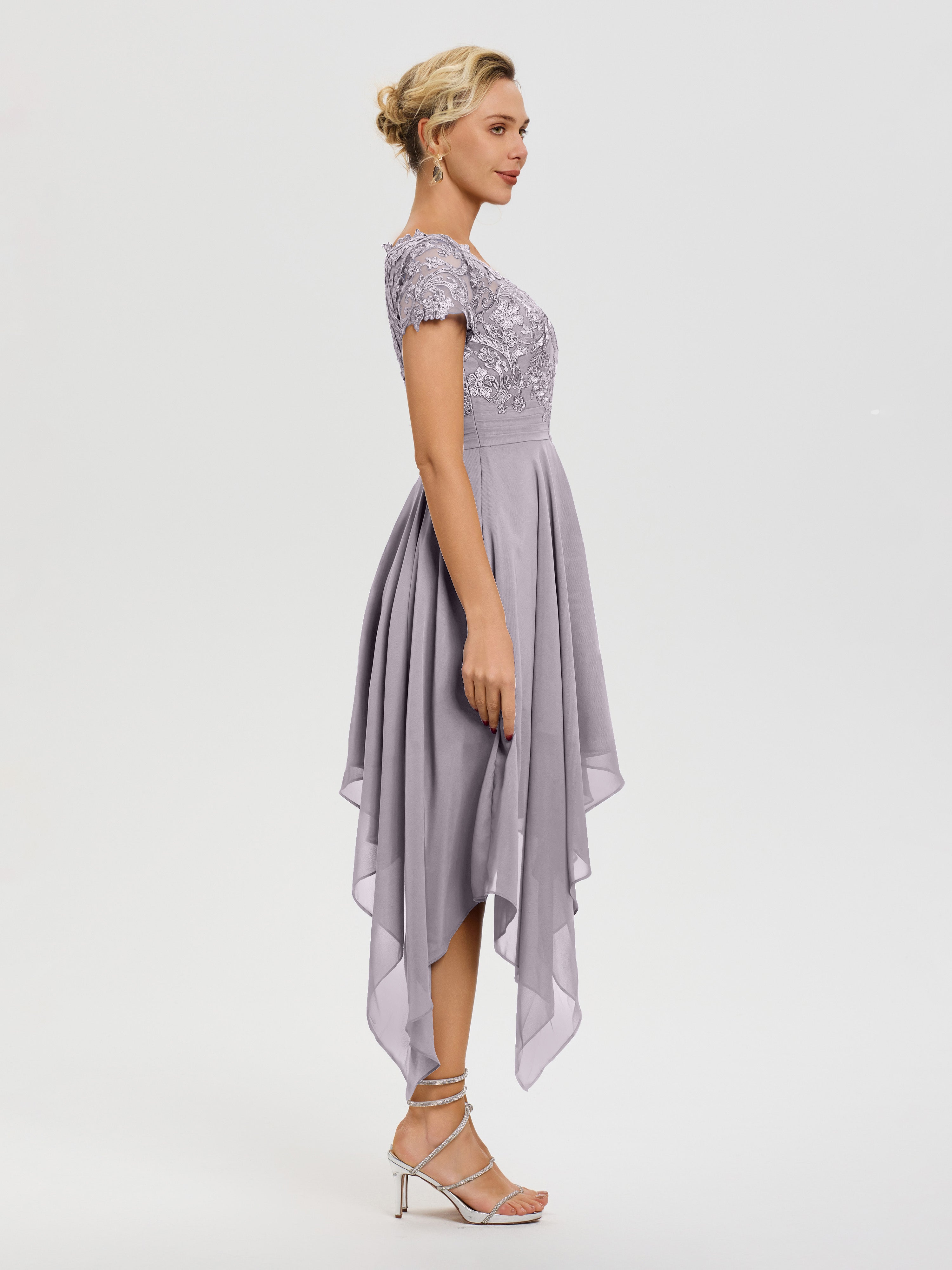 Robe De Mère De Mariée Crépuscule Col V Mousseline&Dentelle Asymétrique Robe Mère De La Mariée