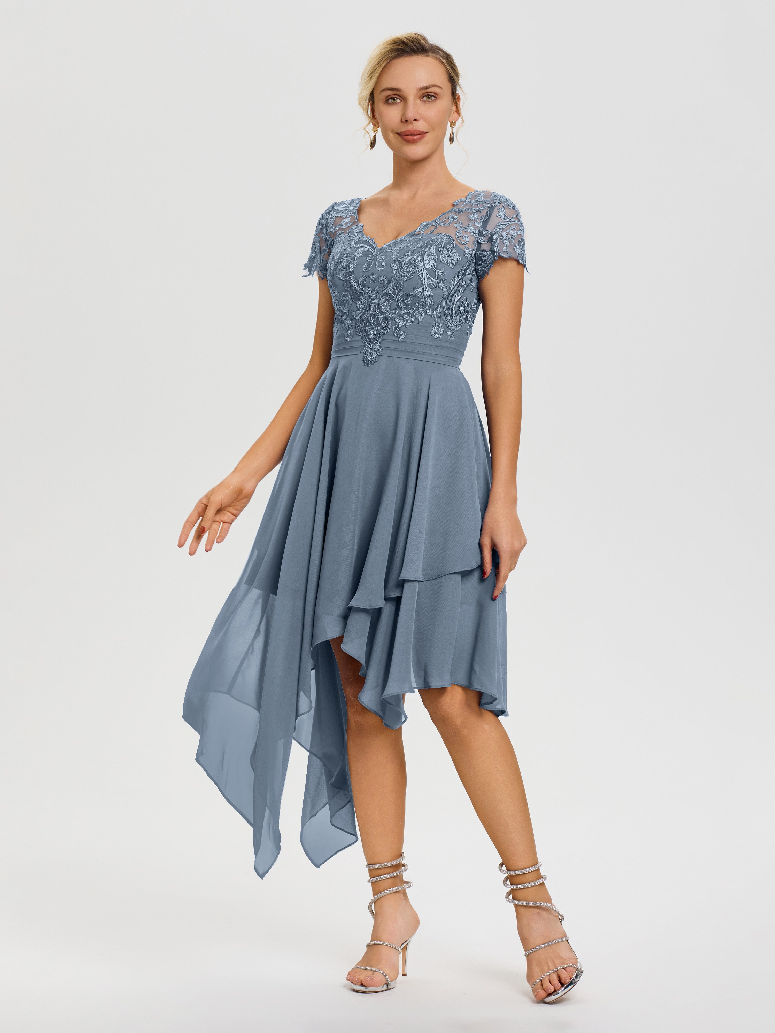 Robe Mère De Mariée Bleu Poudré Col V Mousseline&Dentelle Asymétrique Robe Mère De La Mariée