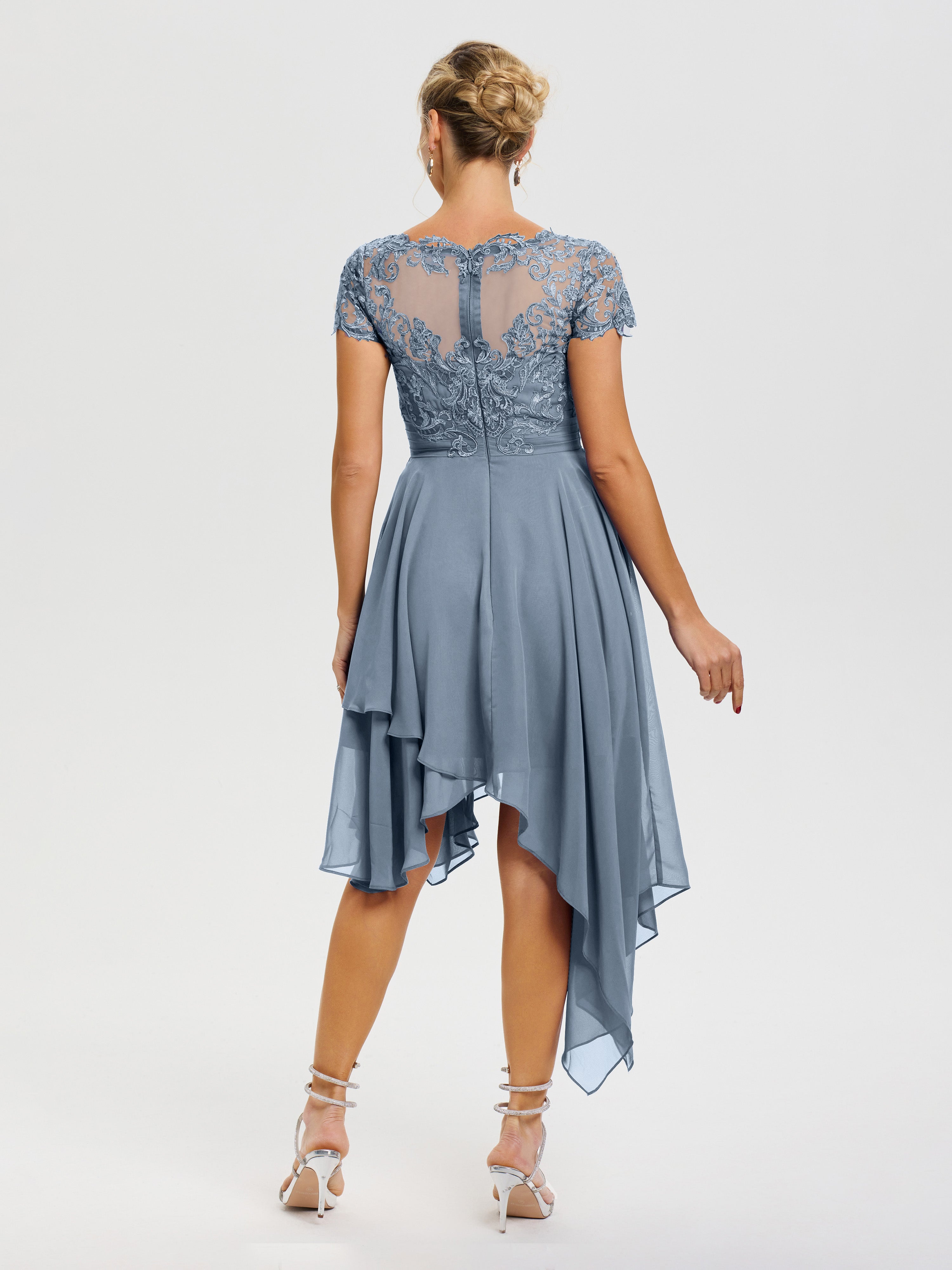 Robe Mère De Mariée Bleu Poudré Col V Mousseline&Dentelle Asymétrique Robe Mère De La Mariée