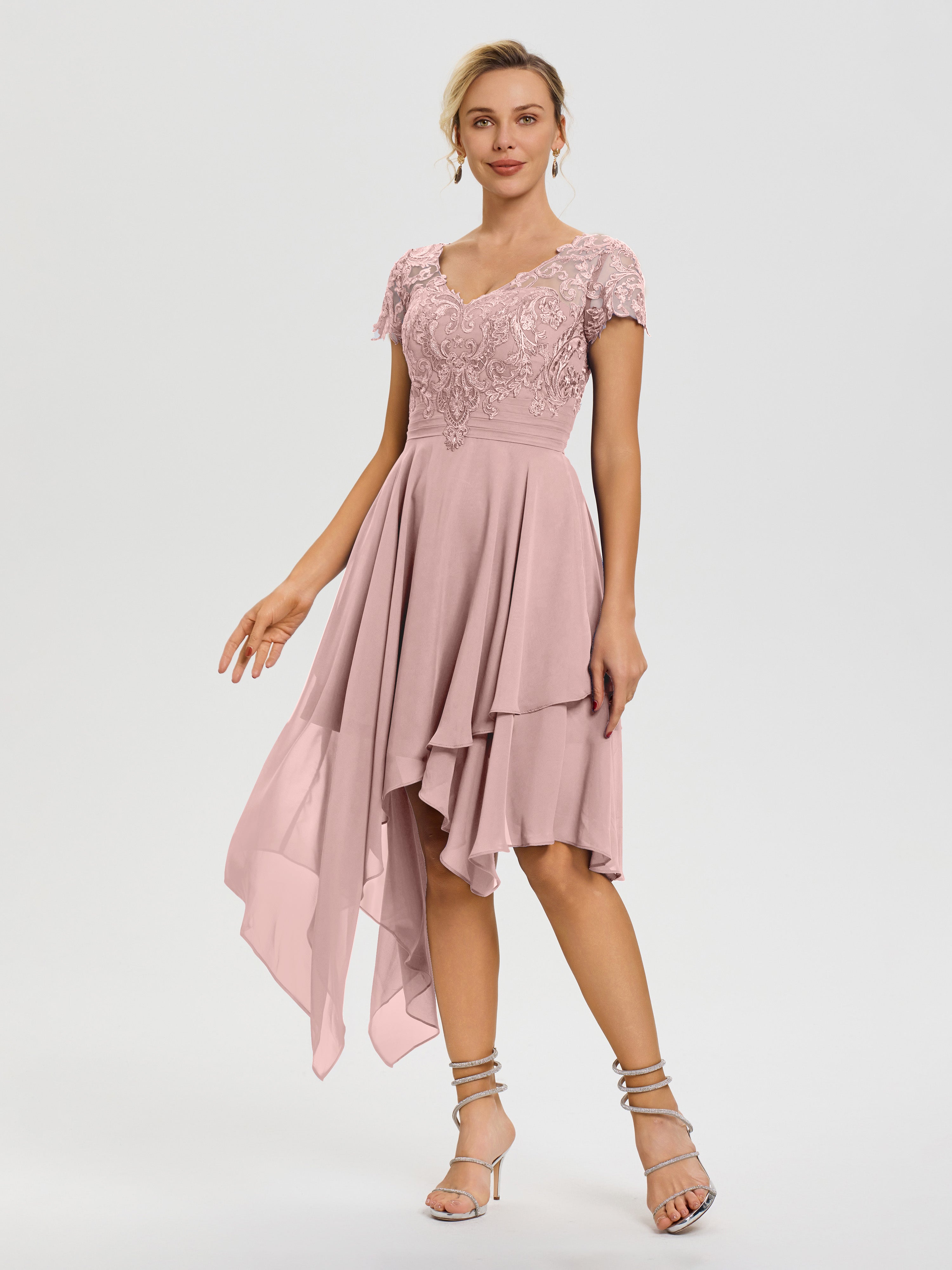 Robe Mere Dela Mariee Rose Poudré Col V Mousseline&Dentelle Asymétrique Robe Mère De La Mariée