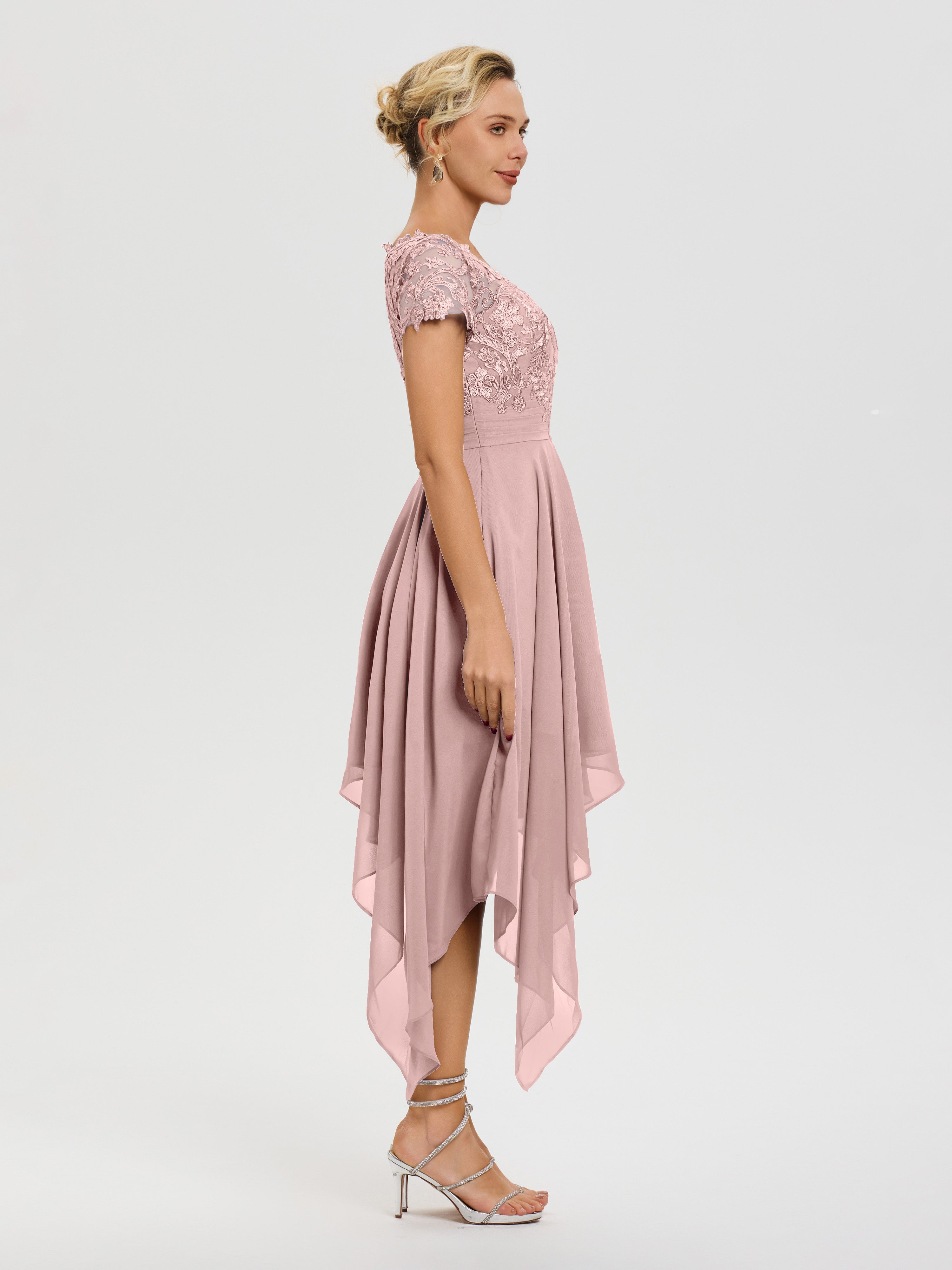 Robe Mere Dela Mariee Rose Poudré Col V Mousseline&Dentelle Asymétrique Robe Mère De La Mariée