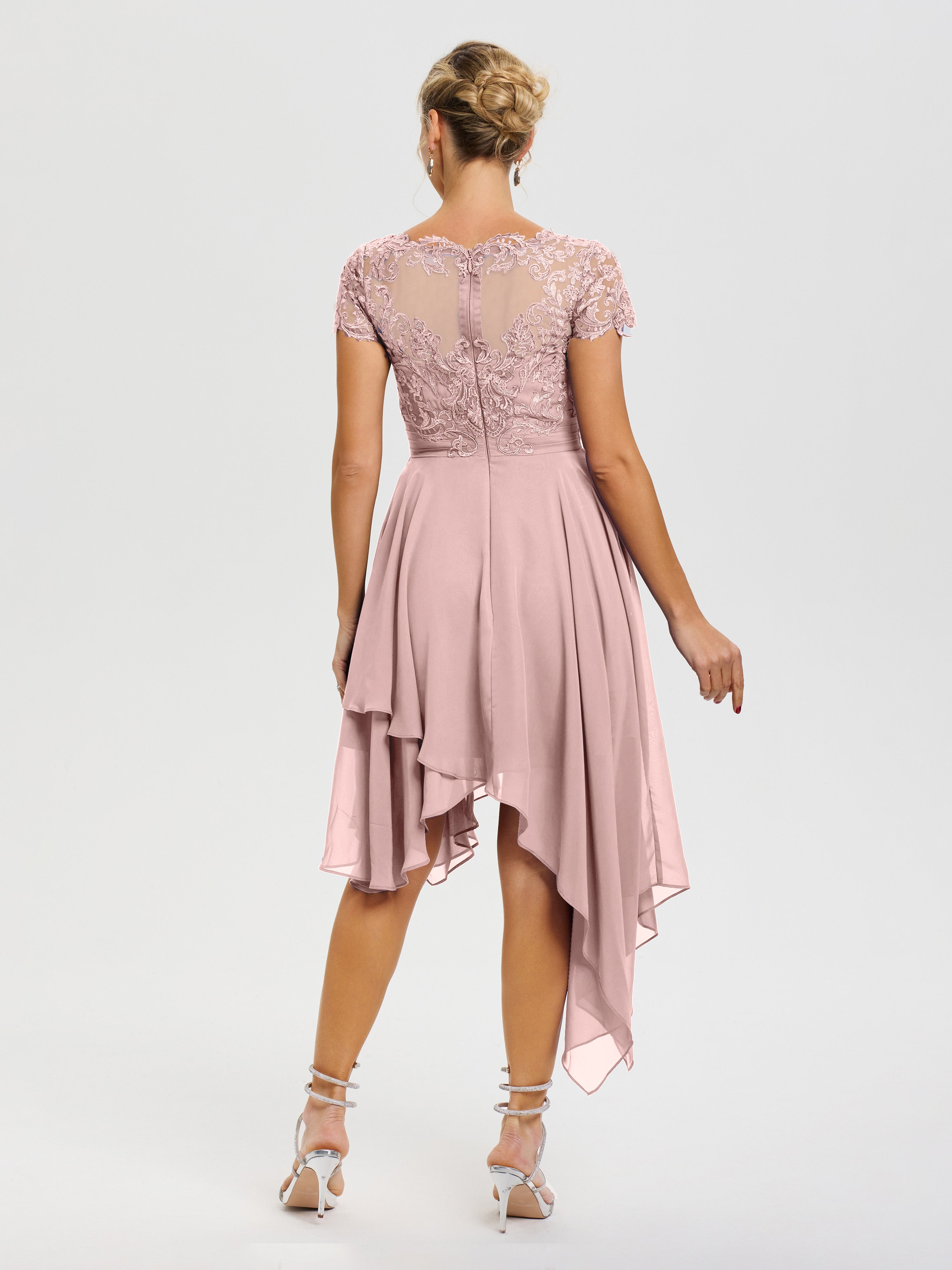 Robe Mere Dela Mariee Rose Poudré Col V Mousseline&Dentelle Asymétrique Robe Mère De La Mariée