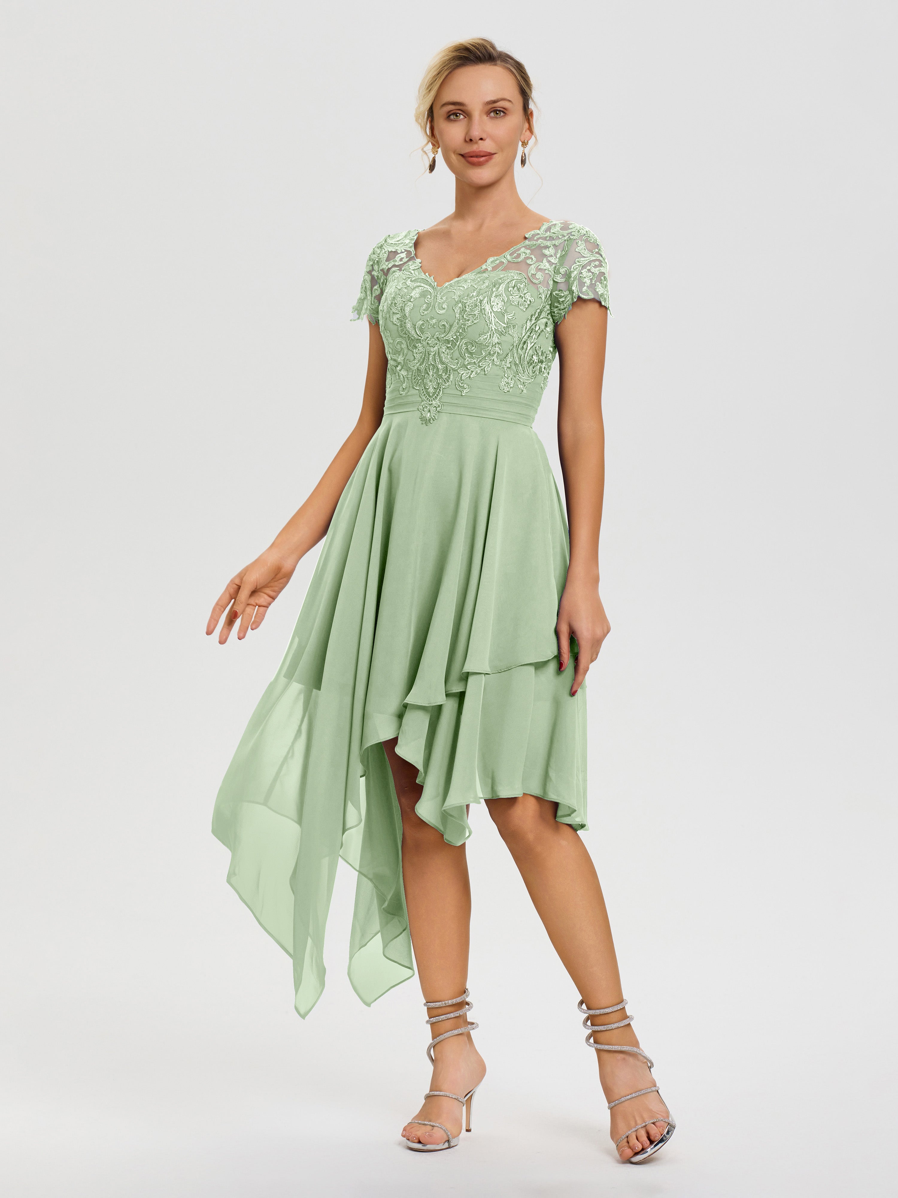 Robe De Mère De La Mariée Sauge Poudrée Col V Mousseline&Dentelle Asymétrique Robe Mère De La Mariée