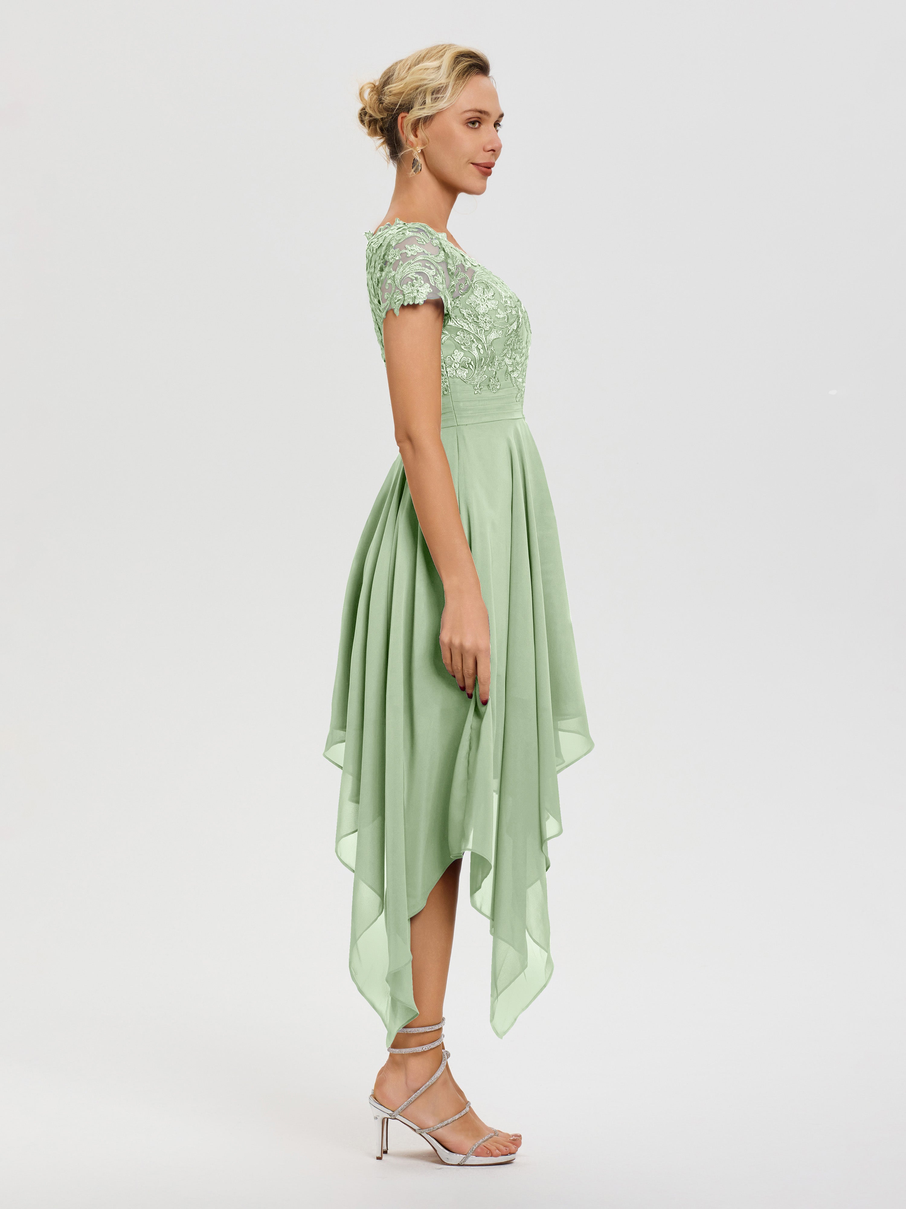 Robe De Mère De La Mariée Sauge Poudrée Col V Mousseline&Dentelle Asymétrique Robe Mère De La Mariée