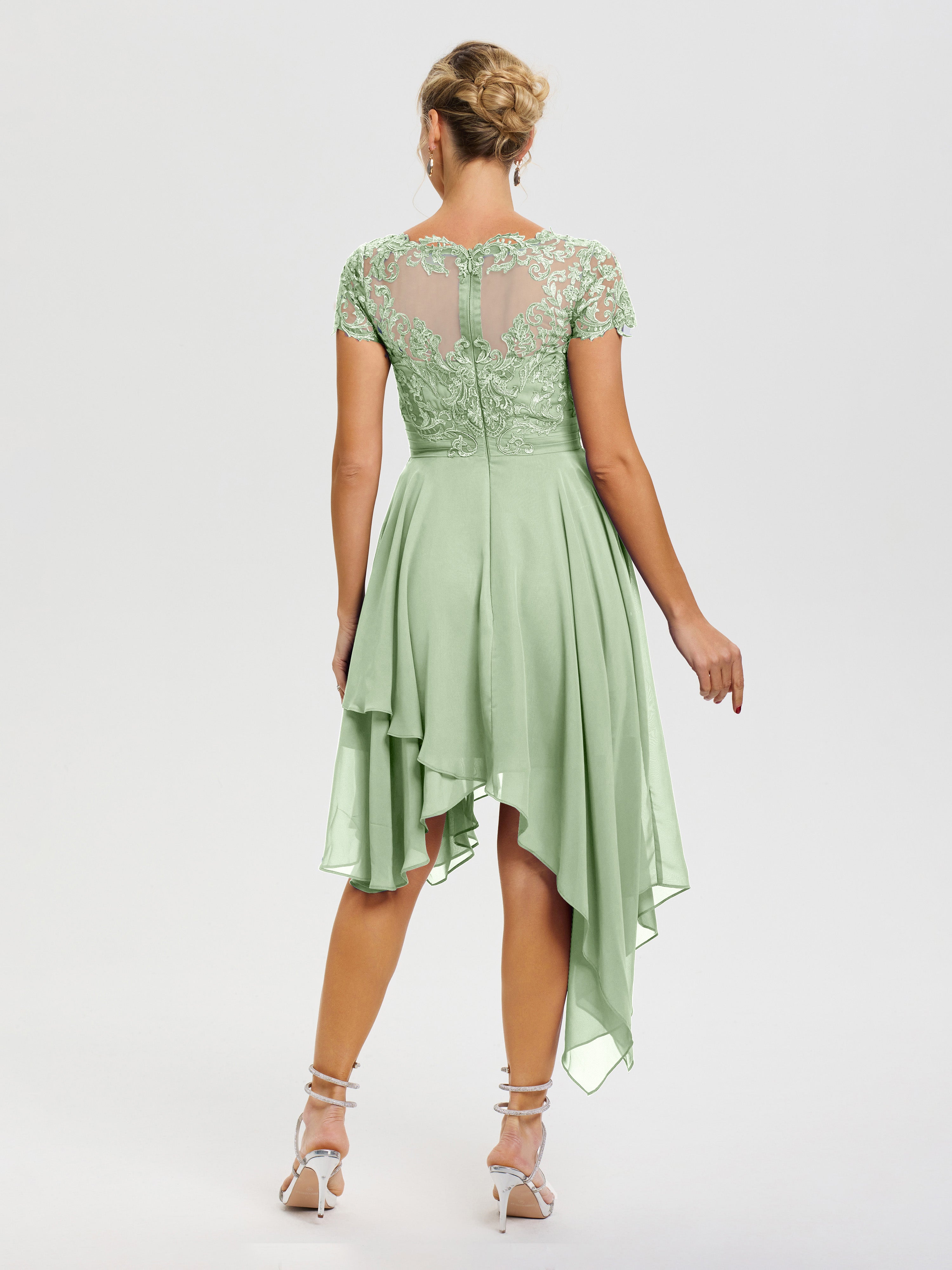 Robe De Mère De La Mariée Sauge Poudrée Col V Mousseline&Dentelle Asymétrique Robe Mère De La Mariée