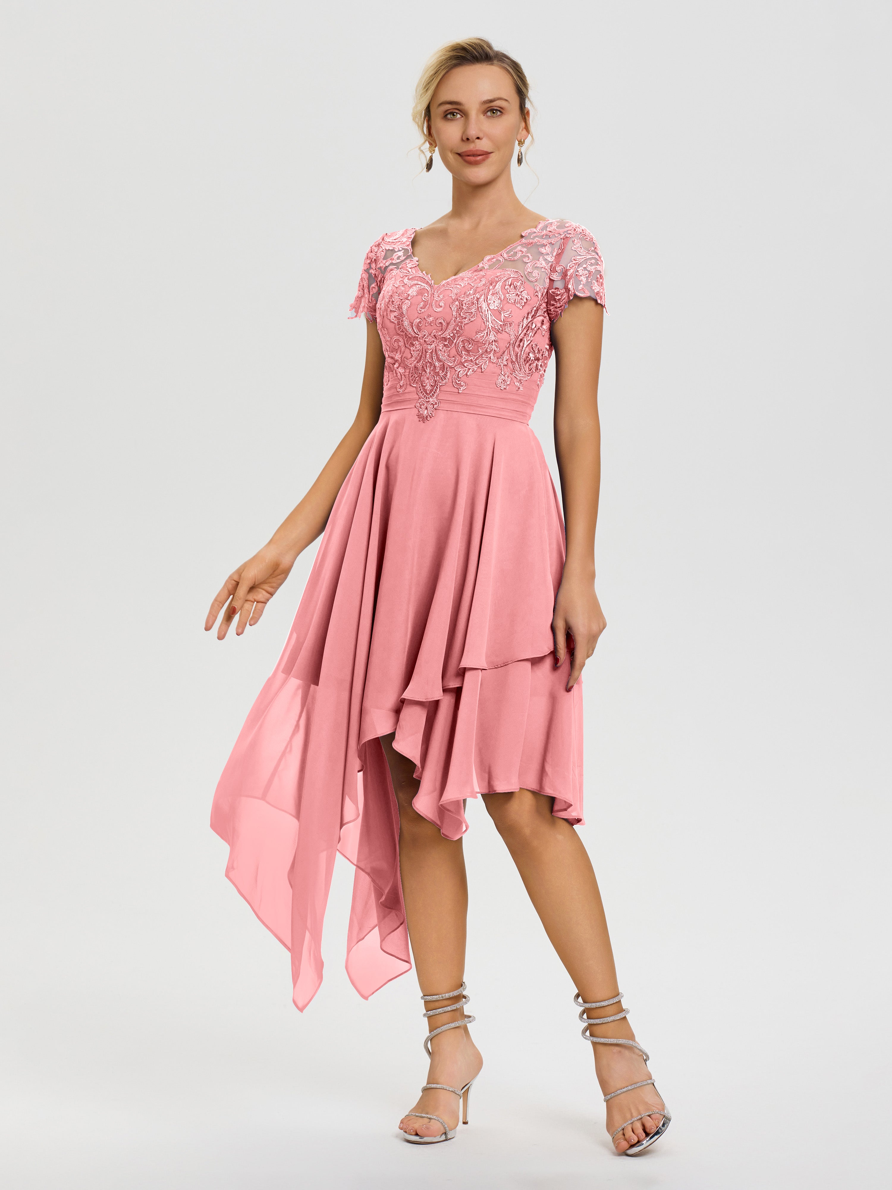 Robe De Mère De Mariée Flamant Col V Mousseline&Dentelle Asymétrique Robe Mère De La Mariée