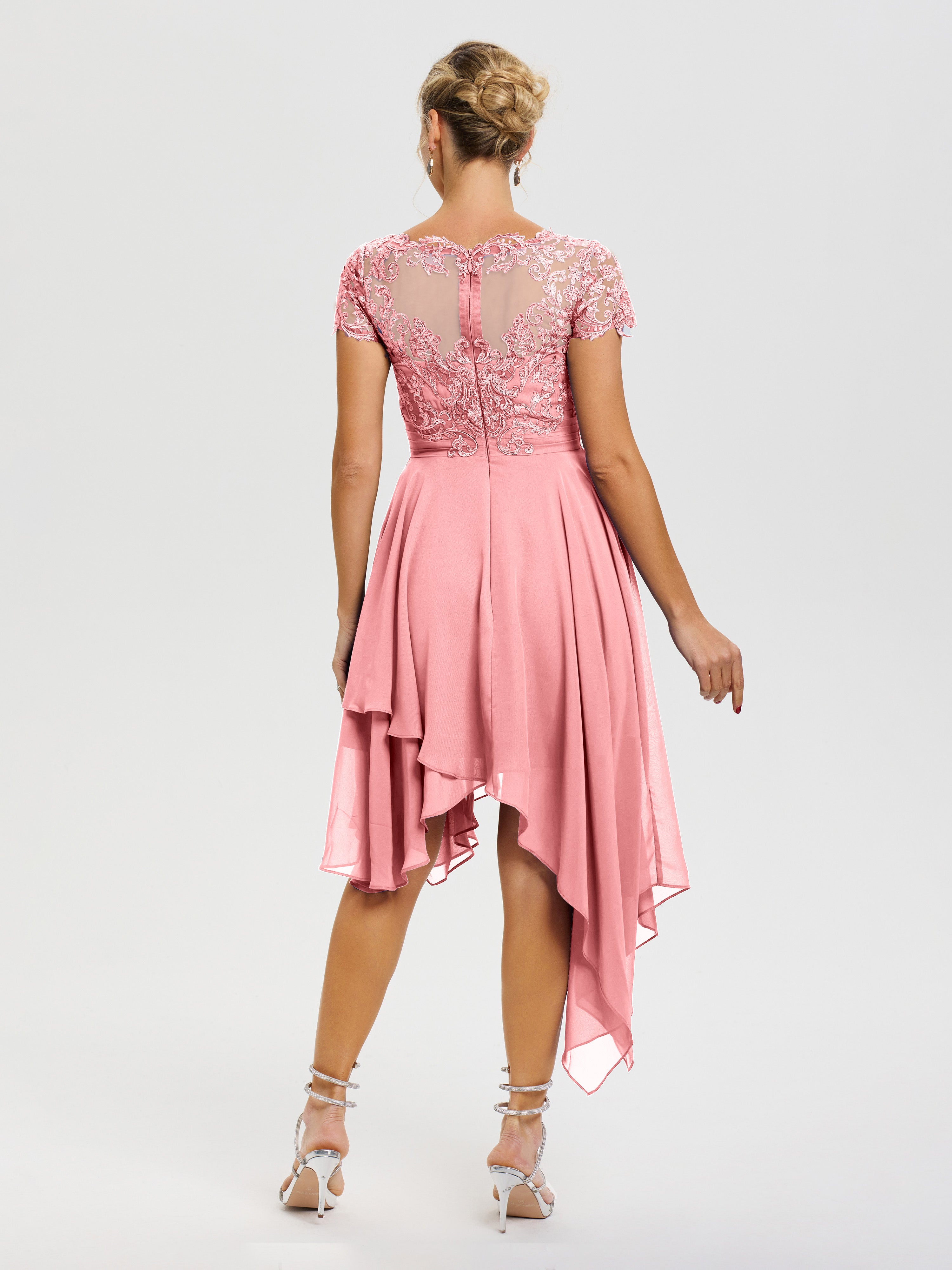 Robe De Mère De Mariée Flamant Col V Mousseline&Dentelle Asymétrique Robe Mère De La Mariée