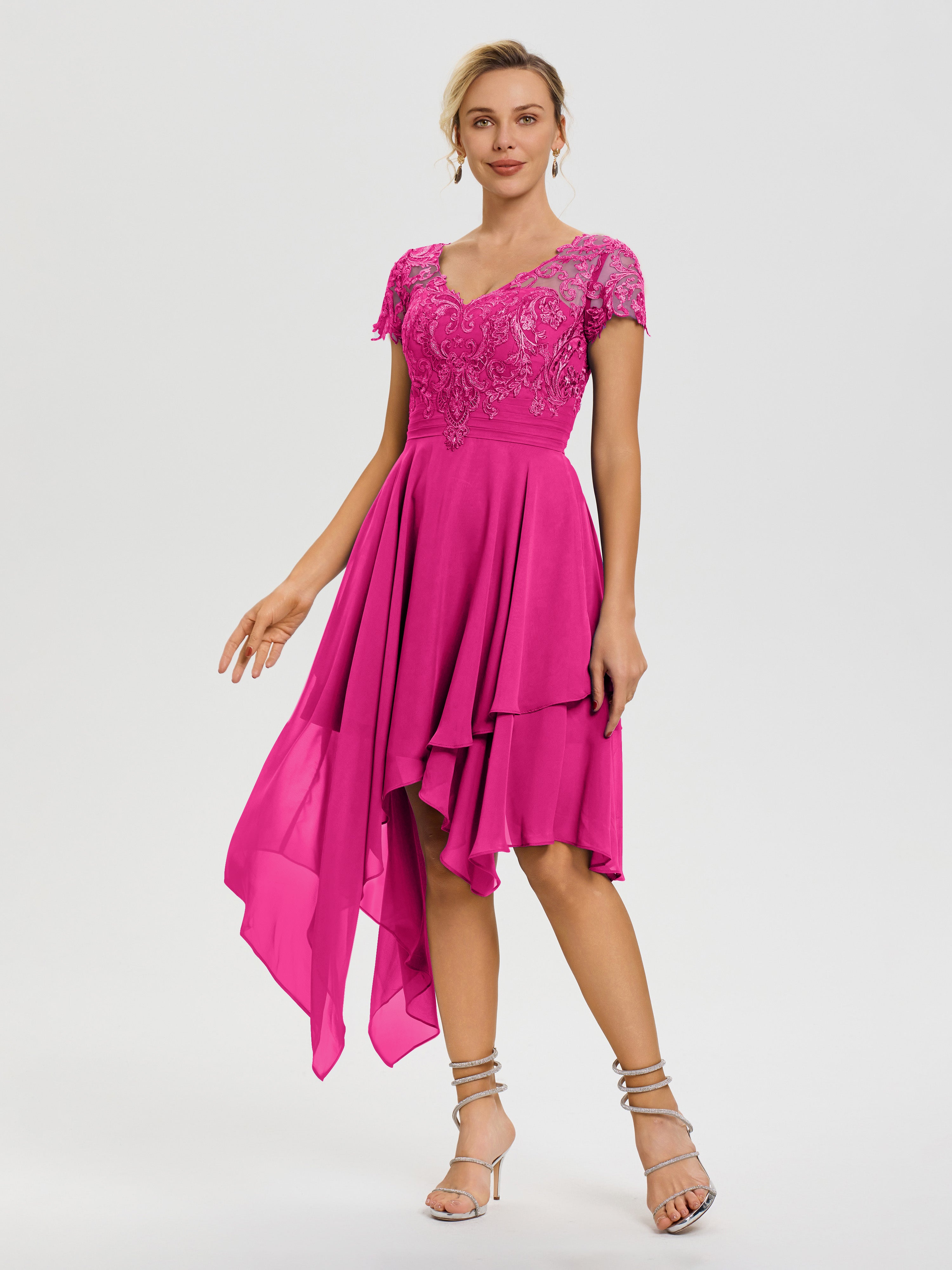Robe Pour La Mère Du Marié Fuchsia Col V Mousseline&Dentelle Asymétrique Robe Mère De La Mariée