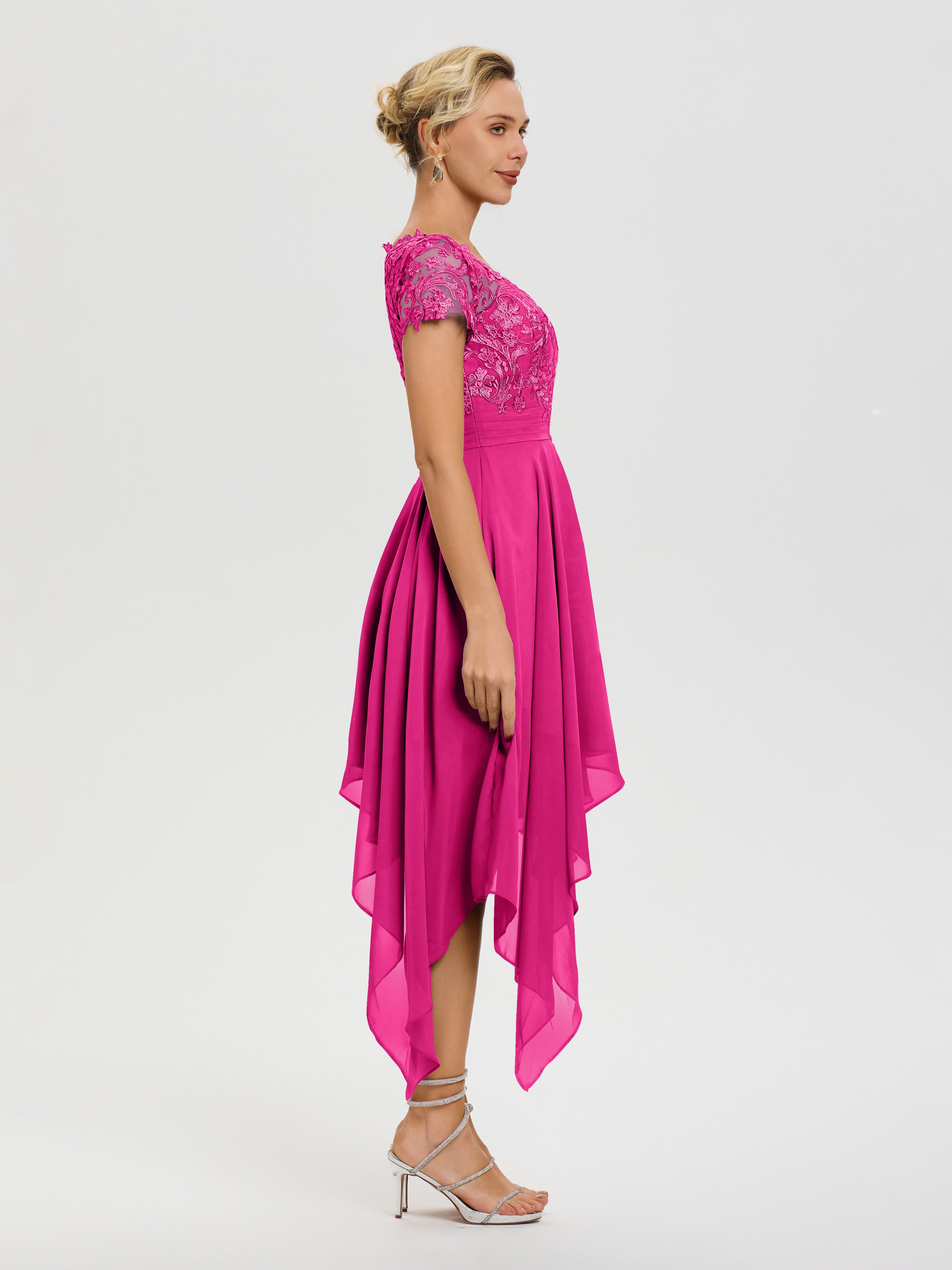 Robe Pour La Mère Du Marié Fuchsia Col V Mousseline&Dentelle Asymétrique Robe Mère De La Mariée