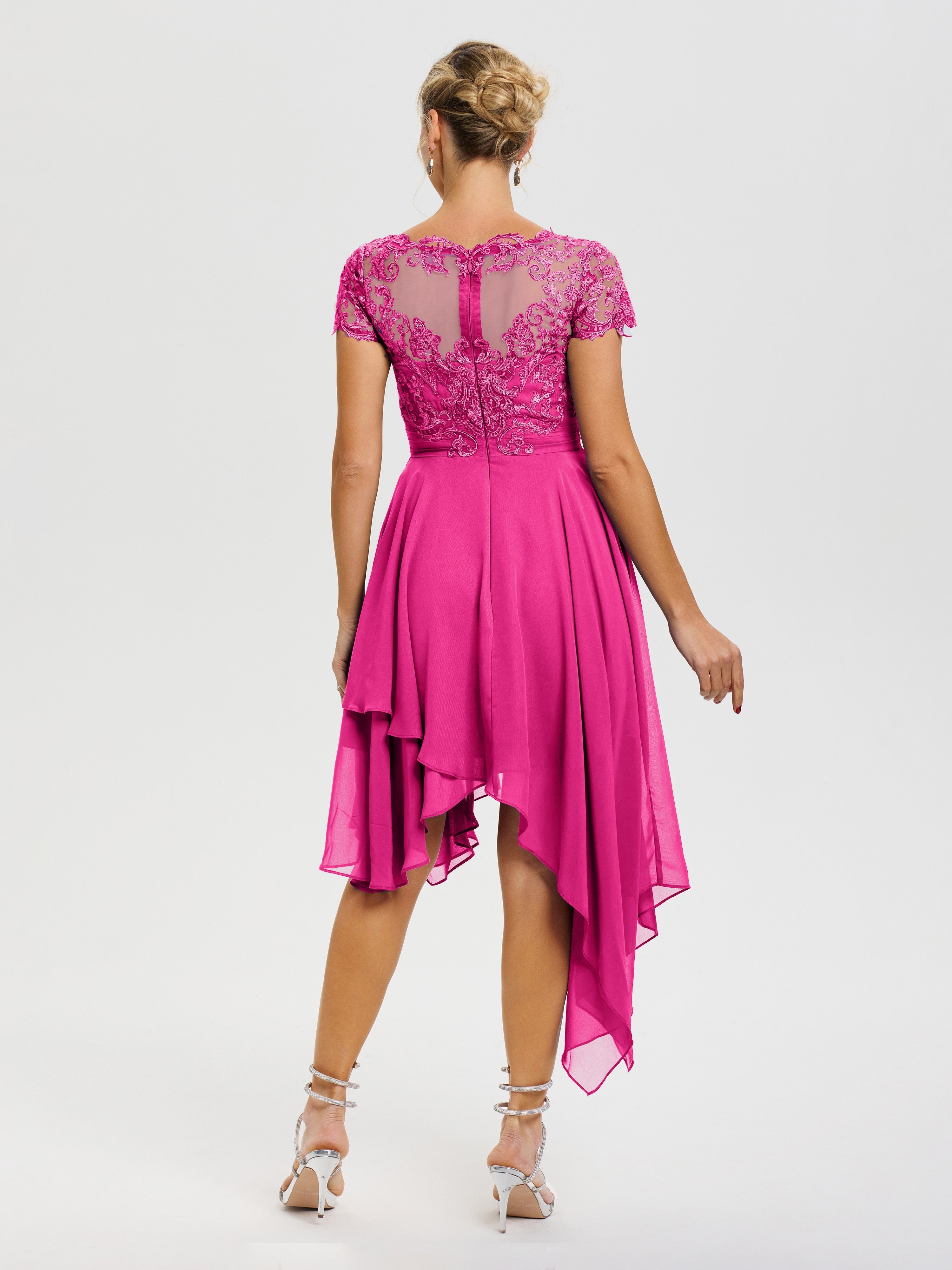 Robe Pour La Mère Du Marié Fuchsia Col V Mousseline&Dentelle Asymétrique Robe Mère De La Mariée