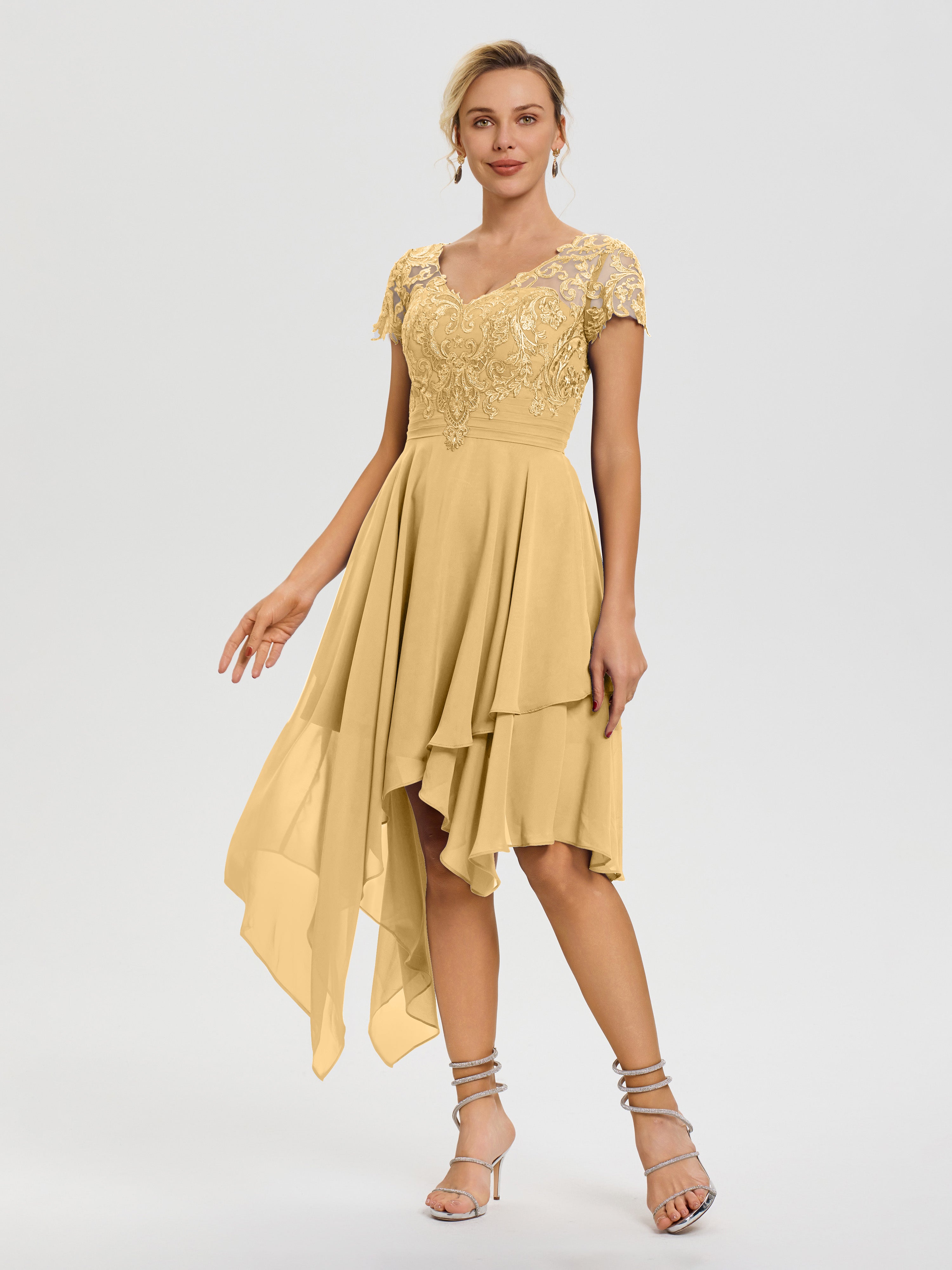 Robe Pour La Mère Du Marié Or Col V Mousseline&Dentelle Asymétrique Robe Mère De La Mariée