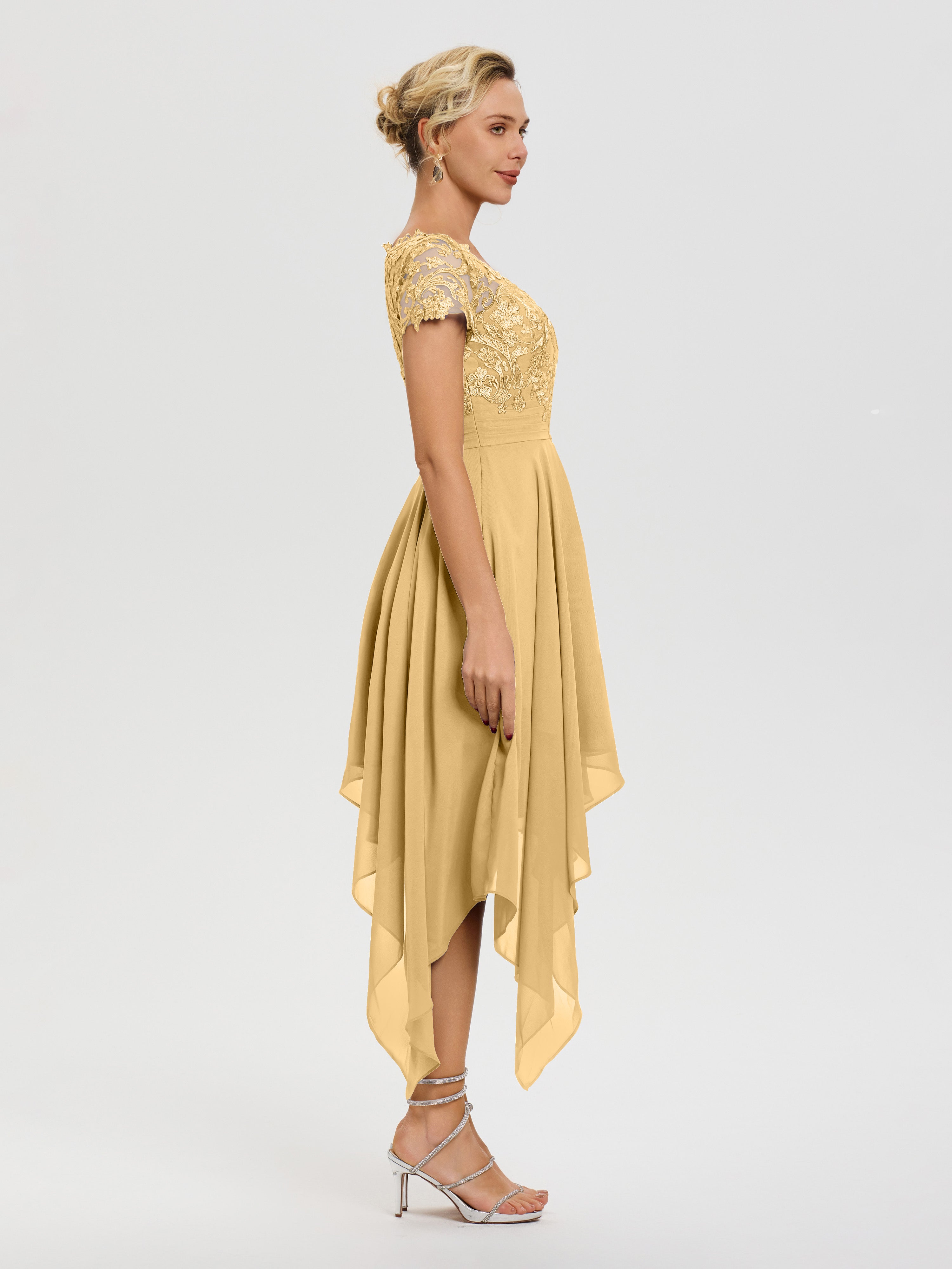 Robe Pour La Mère Du Marié Or Col V Mousseline&Dentelle Asymétrique Robe Mère De La Mariée