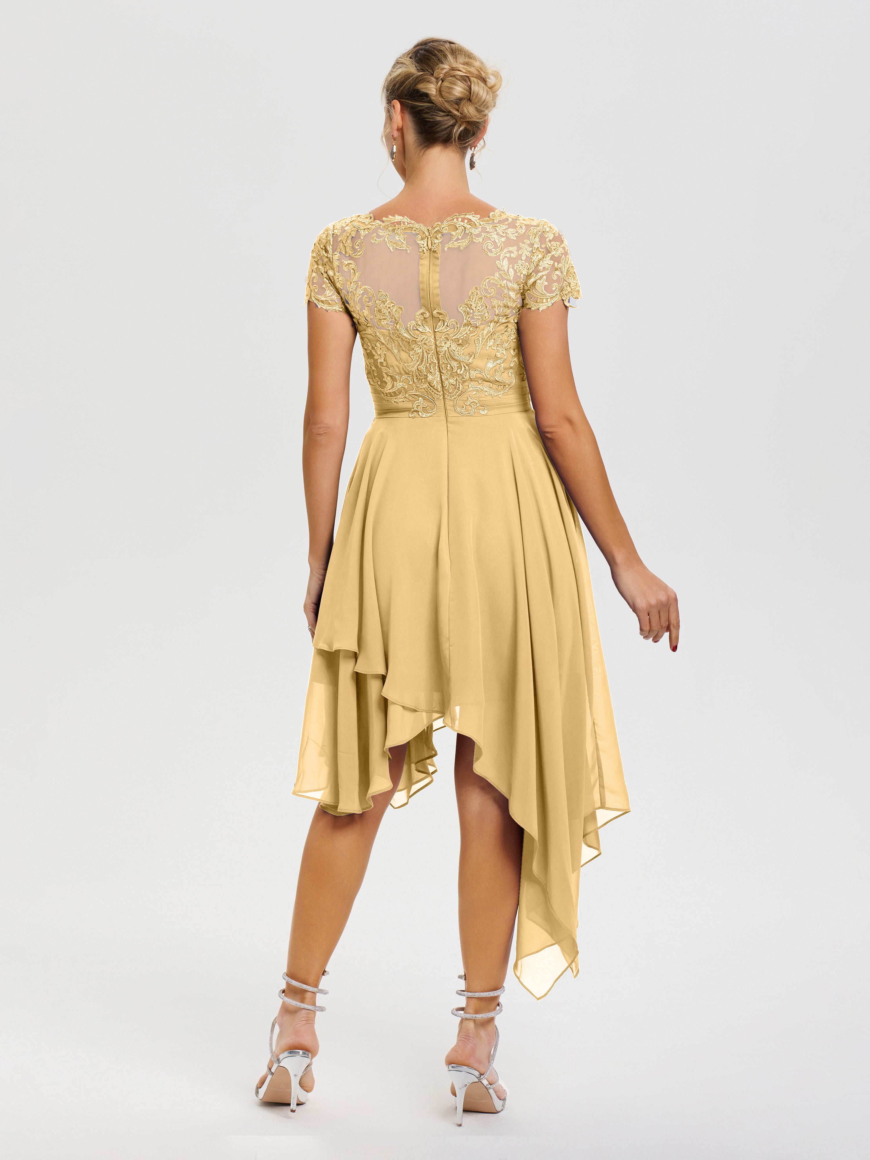 Robe Pour La Mère Du Marié Or Col V Mousseline&Dentelle Asymétrique Robe Mère De La Mariée